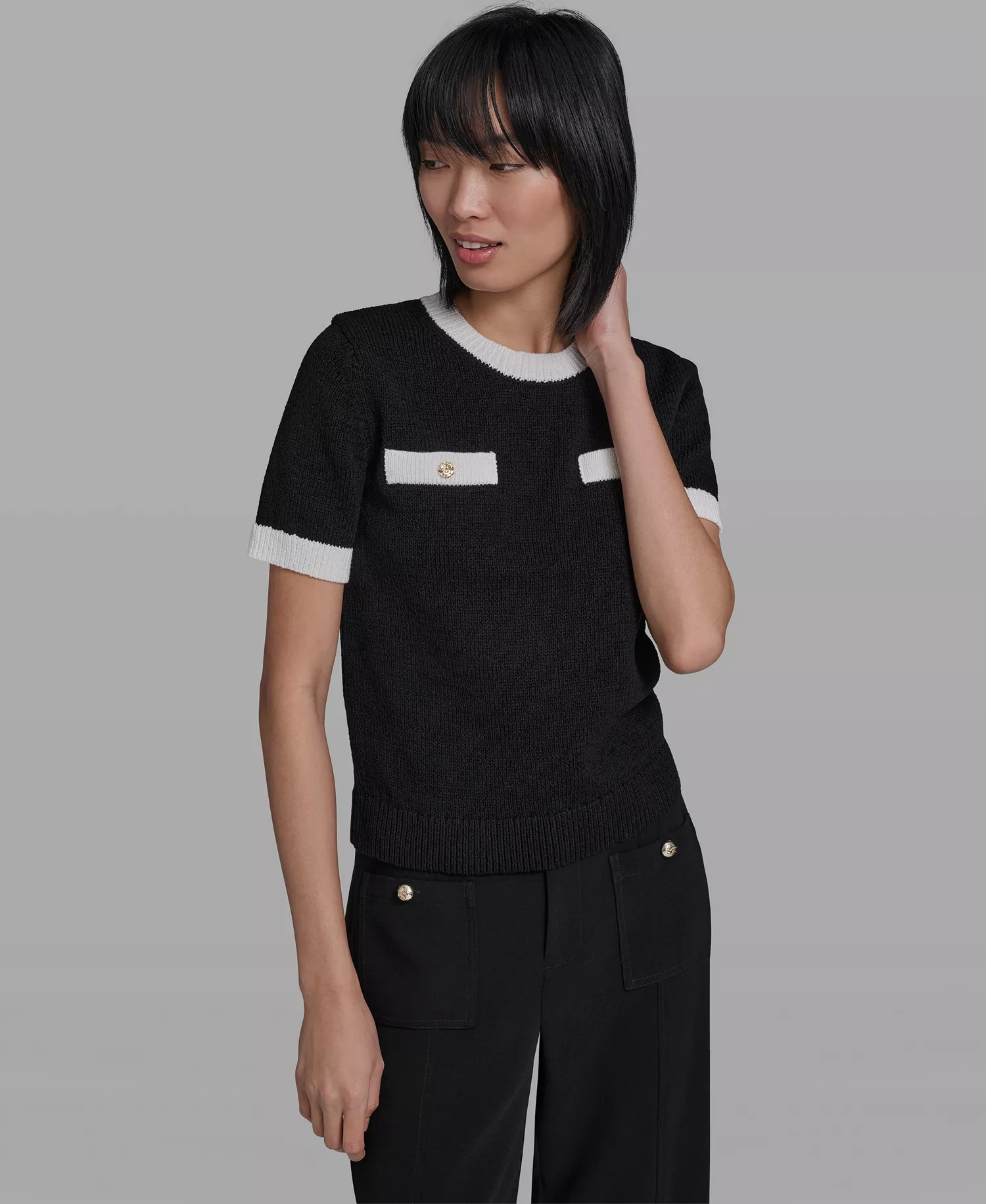 Women's Crew Neck Short-Sleeve Sweater - Black/soft White - L