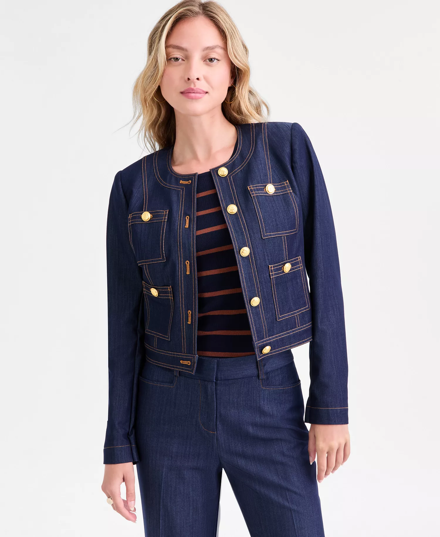 Women's Cropped Button-Front Denim Jacket  - Dark Denim - 18