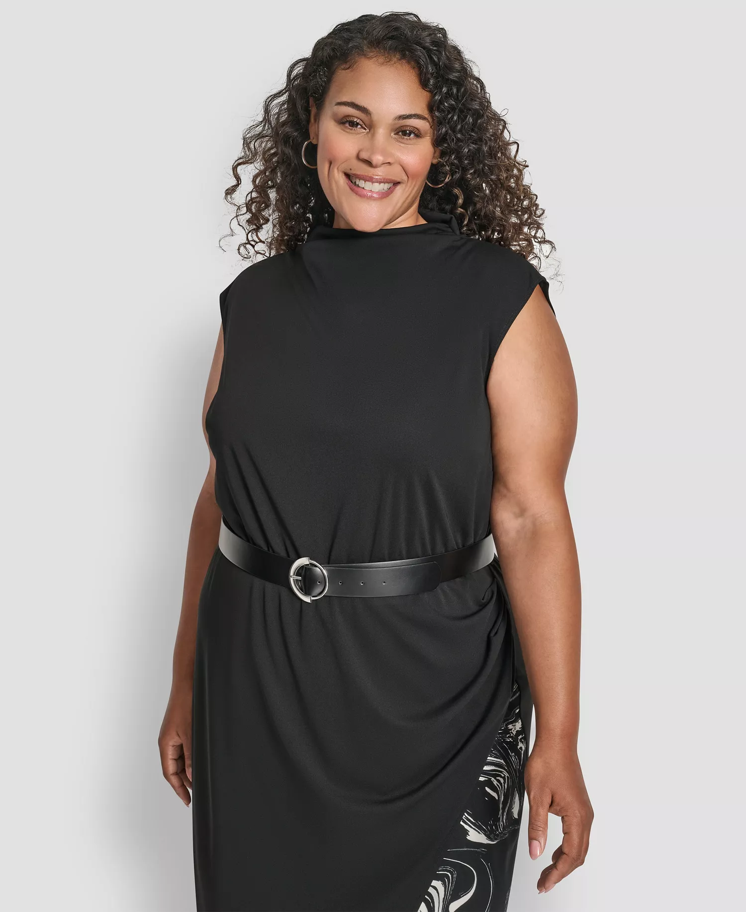 Plus Size Sleeveless Funnel Neck Belted Midi Dress - Black/Ivory - 14W
