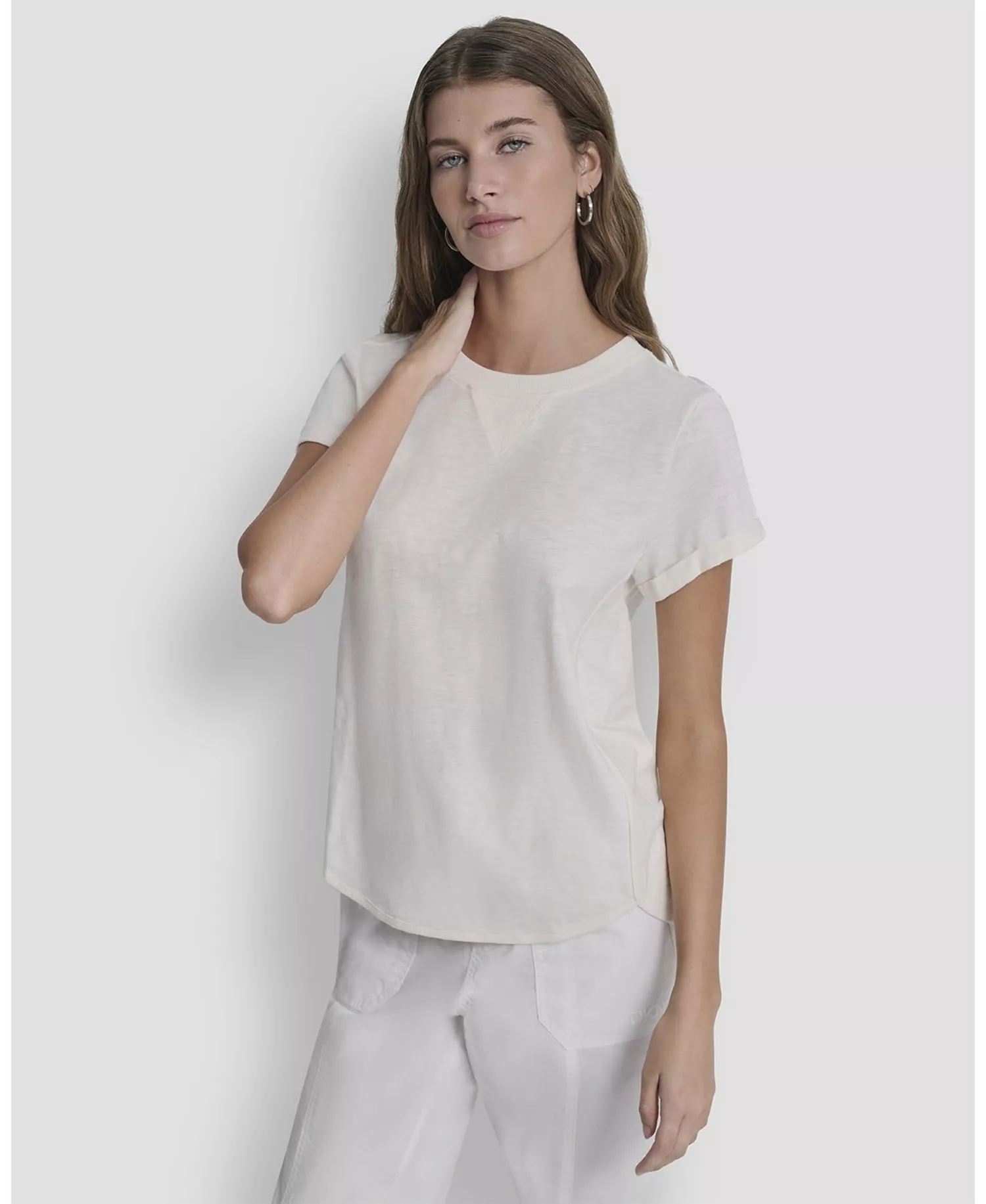 Women's Embroidered Crewneck Logo Roll-Sleeve Top - Eggnog - L