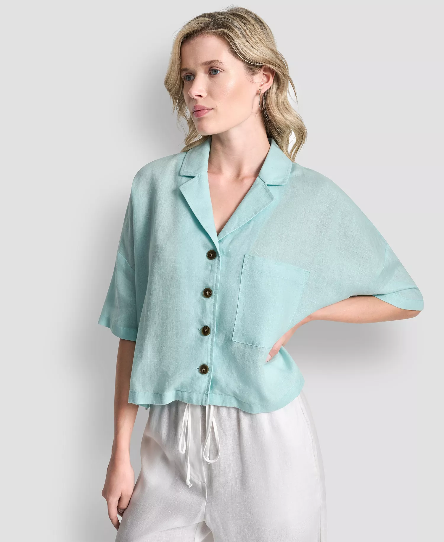 Women's Button-Front Dolman-Sleeve Linen Top - Aqua - L