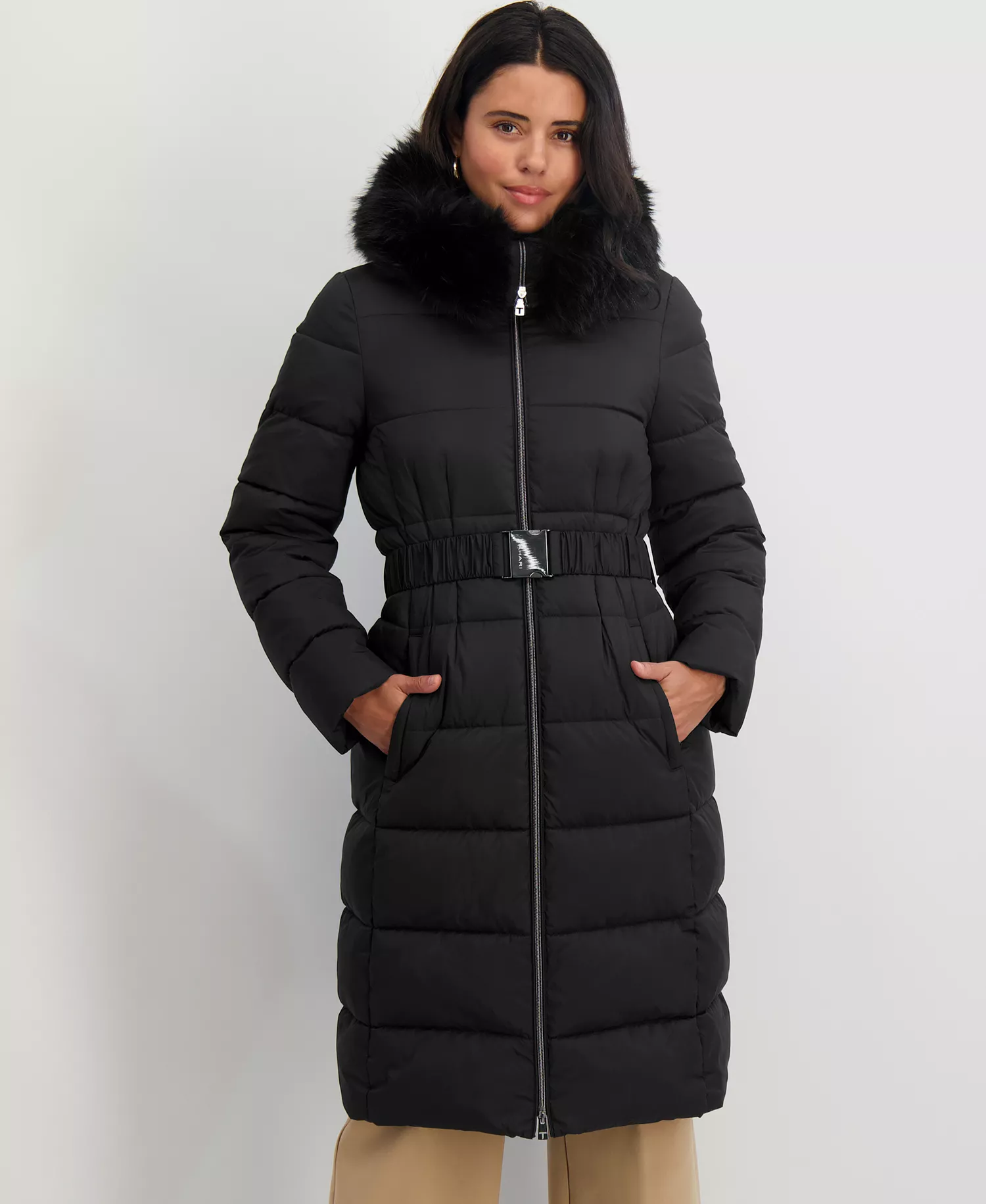 Women's Faux-Fur-Trim Hooded Belted Puffer Coat - Black - L