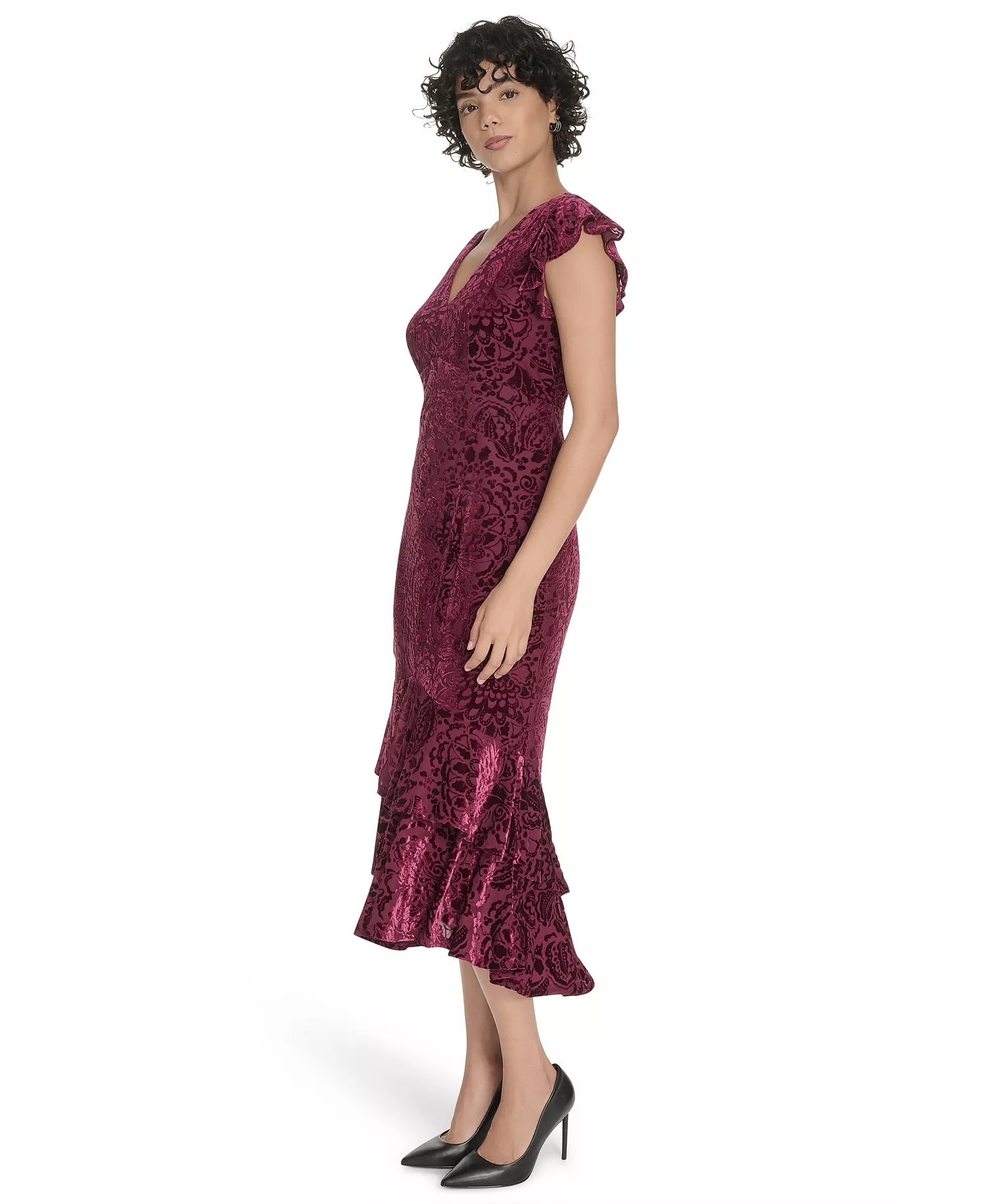 Women's Burnout Velvet Ruffled High-Low Dress - Ruby - 2