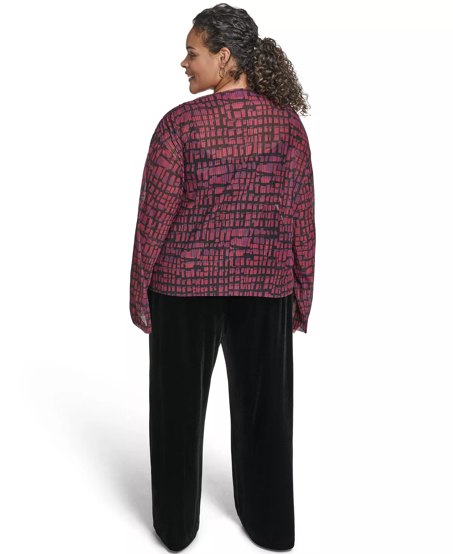 Plus Size Printed Long Sleeves Top - Cranberry Multi - 1X