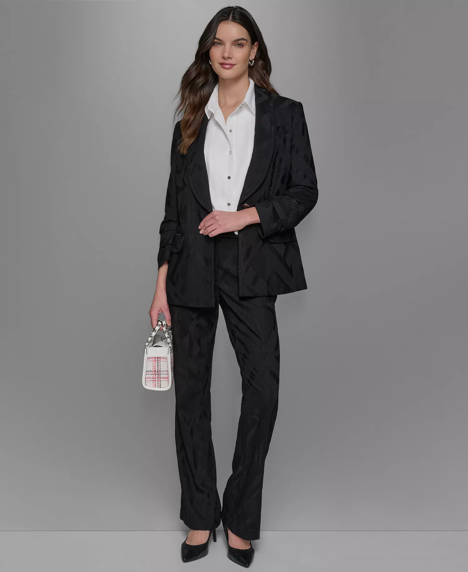 Jacquard Shawl-Collar Blazer, Tie-Neck Blouse & Jacquard Wide-Leg Pants - Black - 10