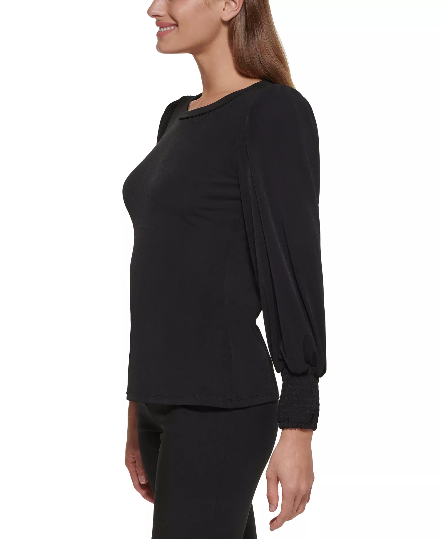 Petite Crewneck Long-Balloon-Sleeve Top - Black - PL