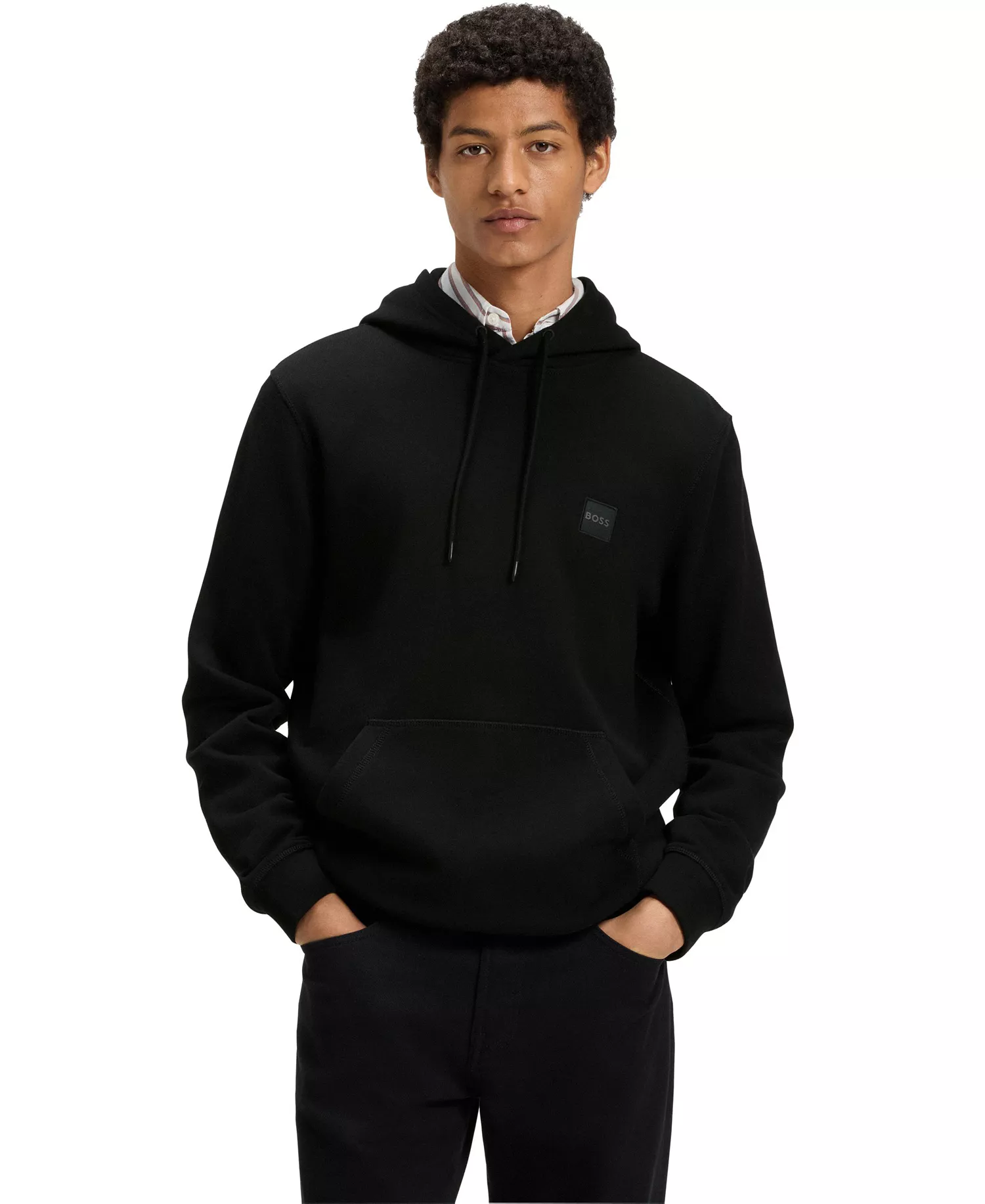Men's Regular-Fit Cotton Terry Logo Patch Hoodie - Black - L