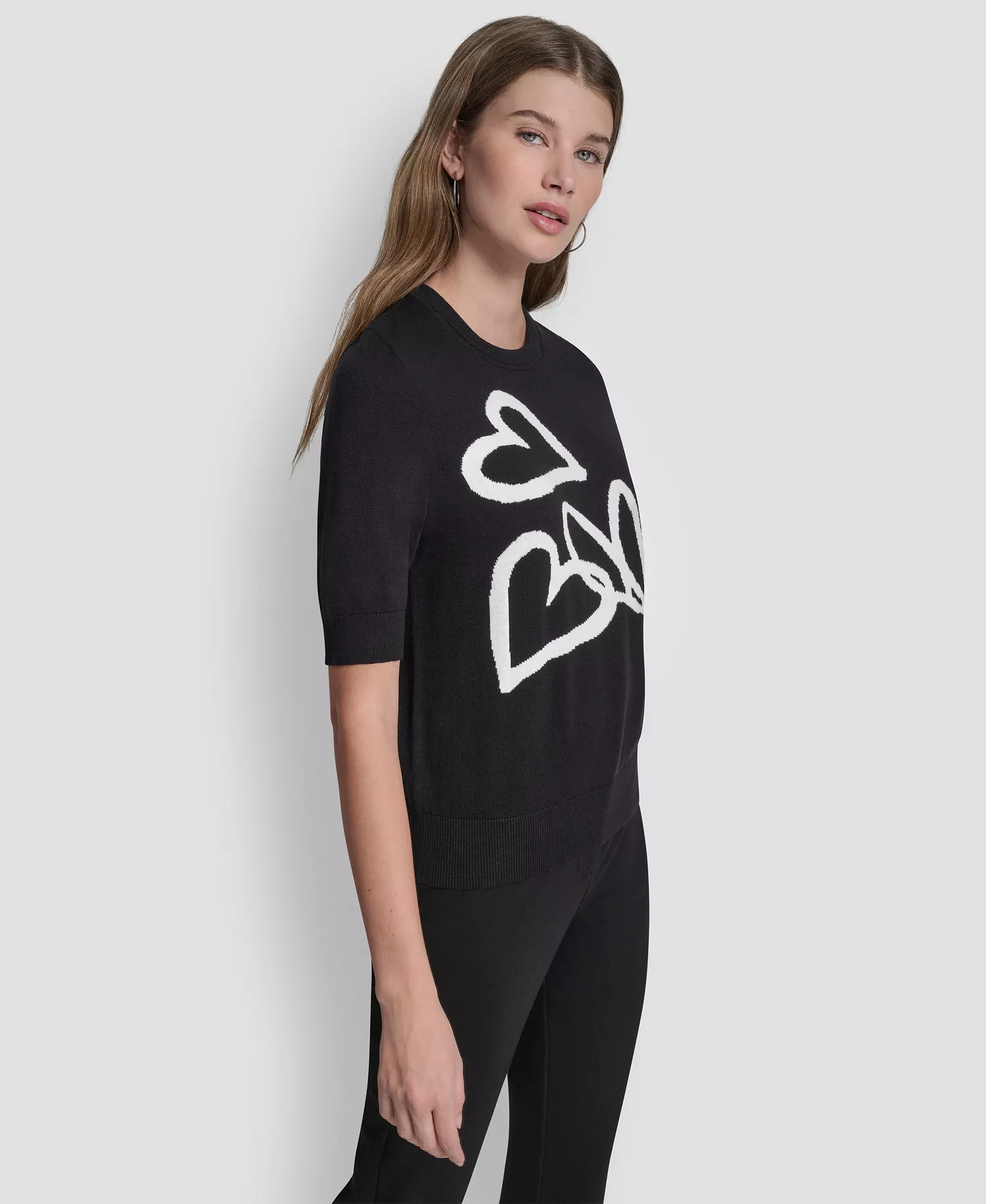 Women's Short-Sleeve Graffiti Hearts Sweater Top - Black/Ivory - L