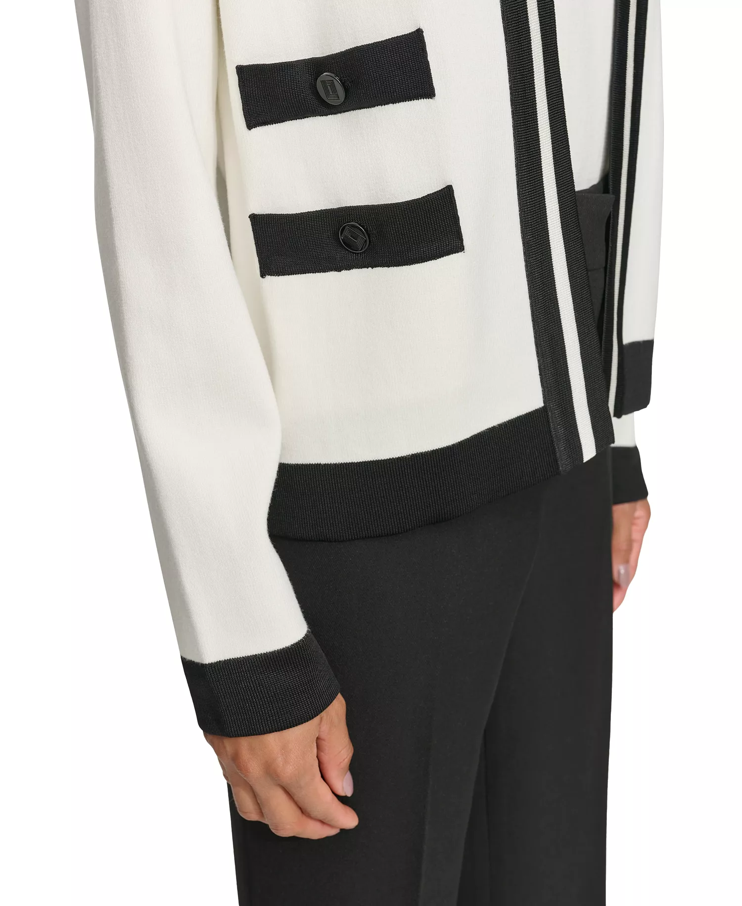 Women's Open-Front Long-Sleeve Knit Cardigan with Contrast Trim - Black/soft White - L