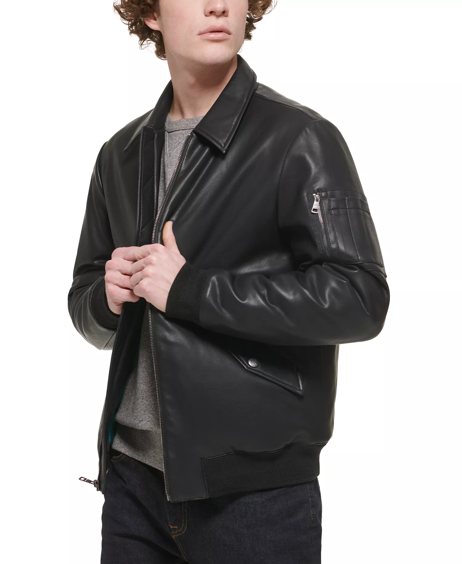 Men's Faux-Leather Bomber Jacket  - Black - L