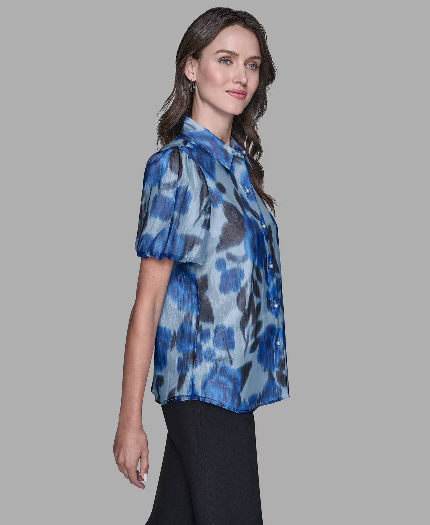 Women's Organza Collared Top - French Blue Multi - L