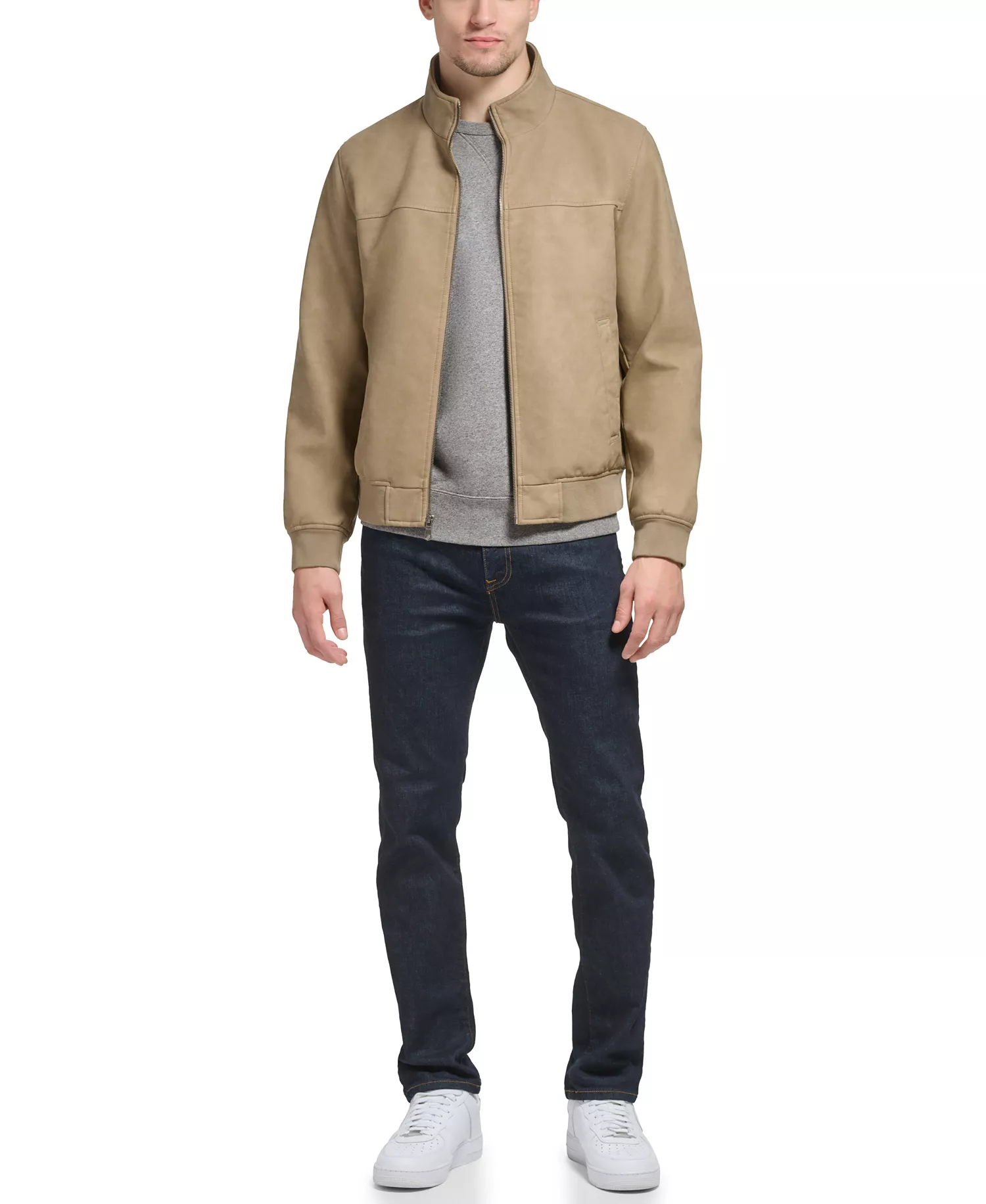 Men's Faux Leather Stand Collar Bomber - Sand - M
