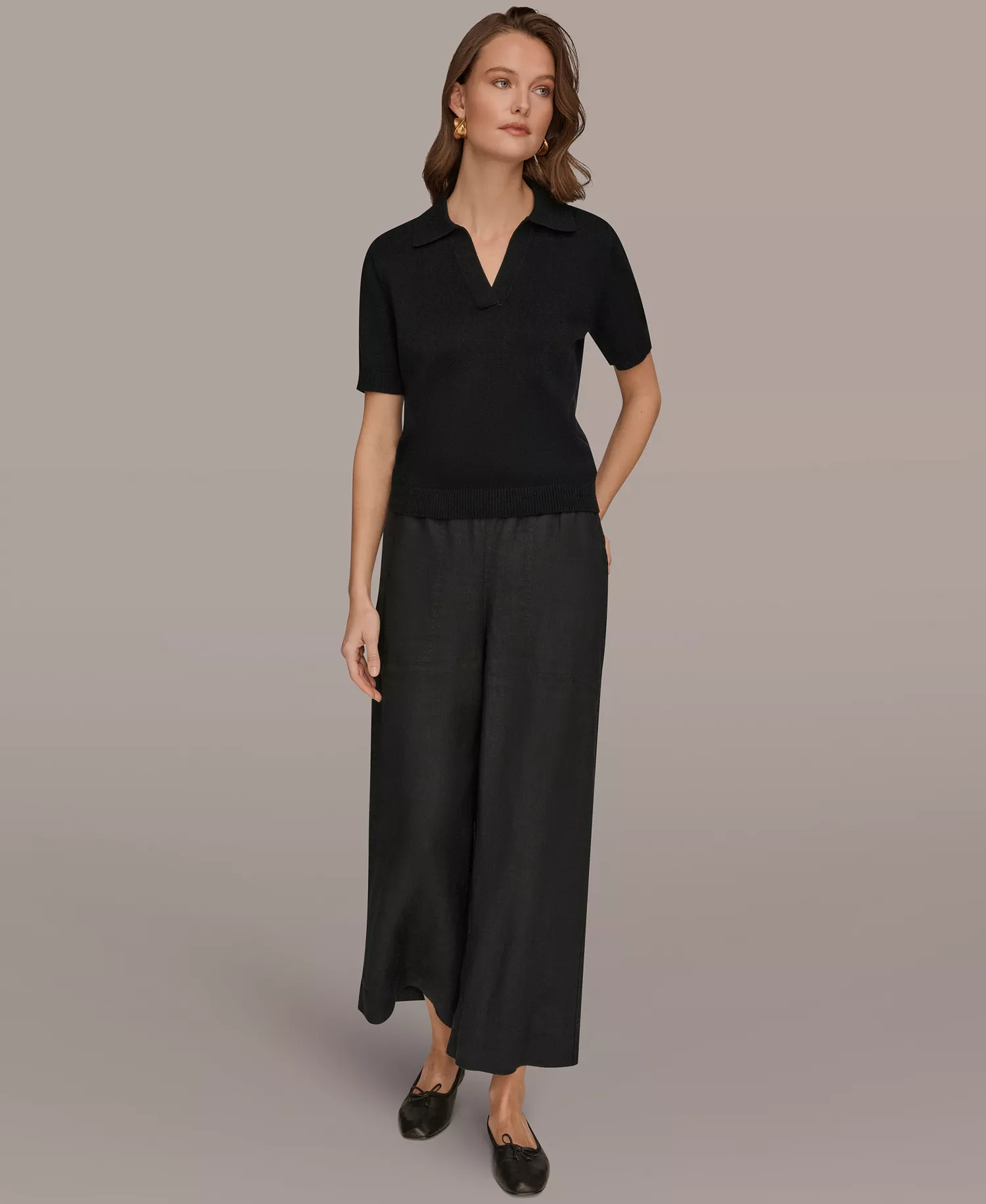 Women's Cotton Cashmere Polo Sweater with Elbow Sleeve - Black - L