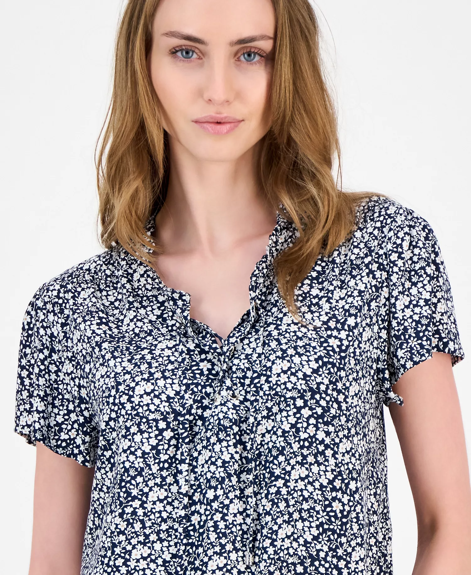 Women's Floral Lace-Up Short-Sleeve Blouse - Sky Captain Multi - L