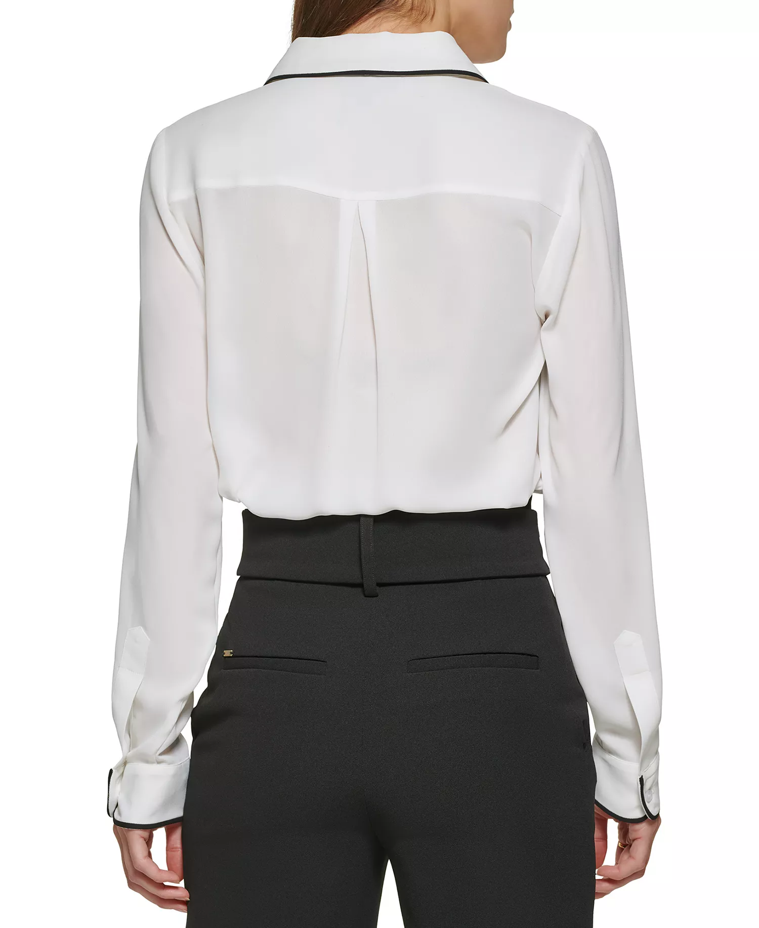 Petite Piped-Trim Button-Up Blouse, Created for Macy's - Linen White/Black - PL