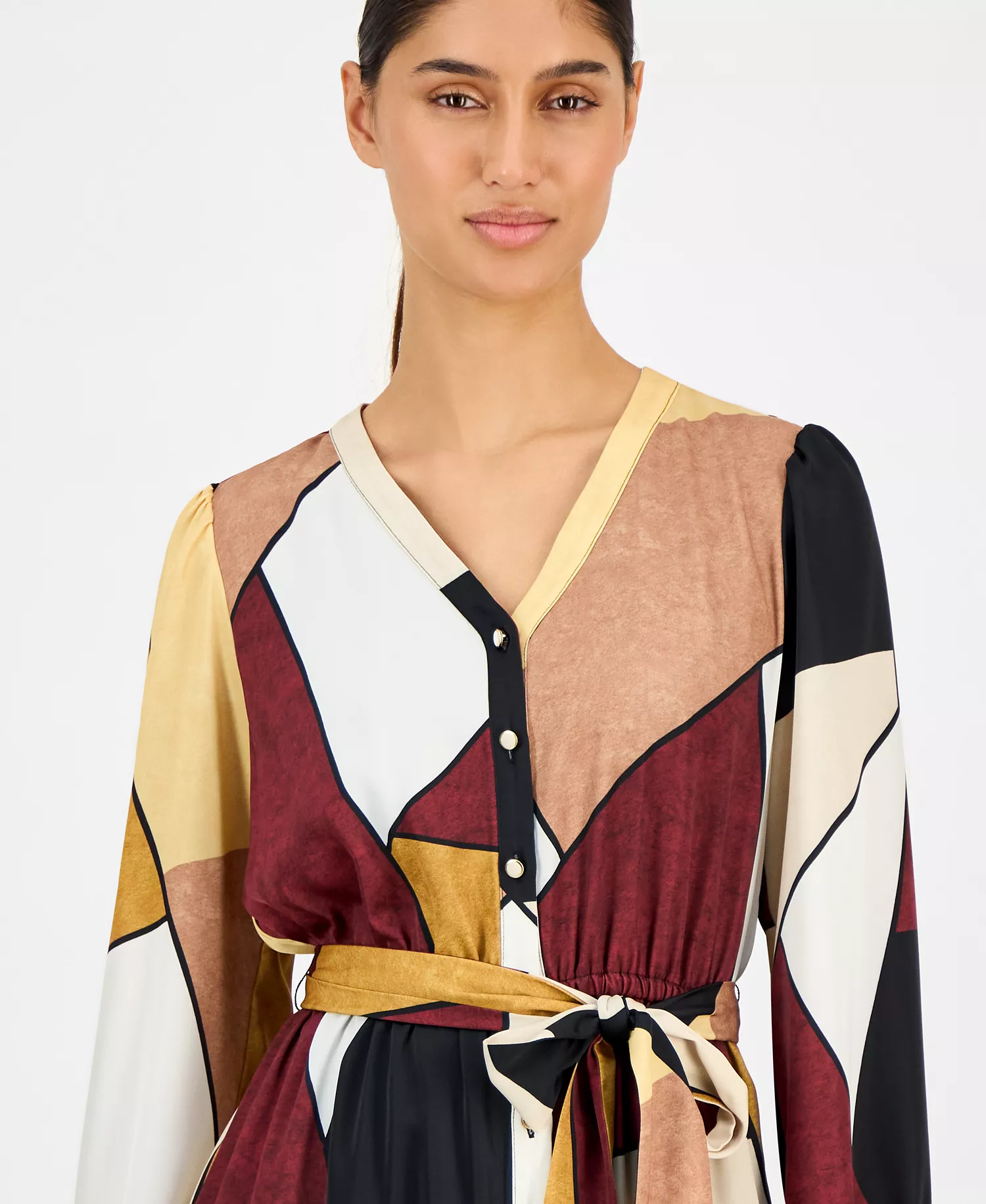 Women's Printed Button-Front Midi Dress - Sueded Blocks - L