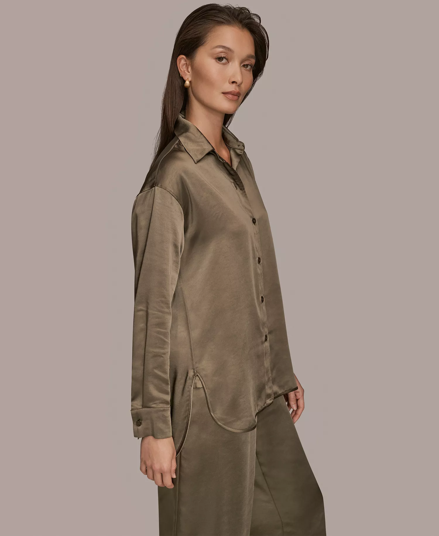Women's Satin Button-Down Shirt - Khaki Green - L