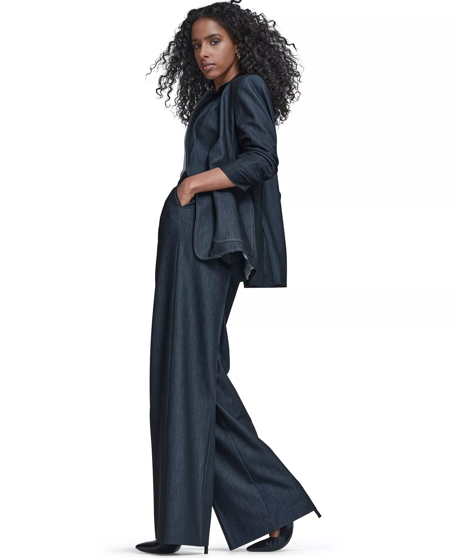 Women's Faux Denim 3/4-Sleeve Jacket, Denim Wide Leg Pants, and Textured Short-Sleeve Sweater - Indigo - 10