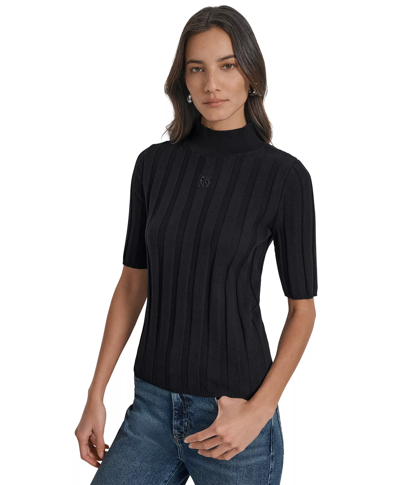 Women's Mock Neck Cotton Rib Knit Sweater - Black - XL