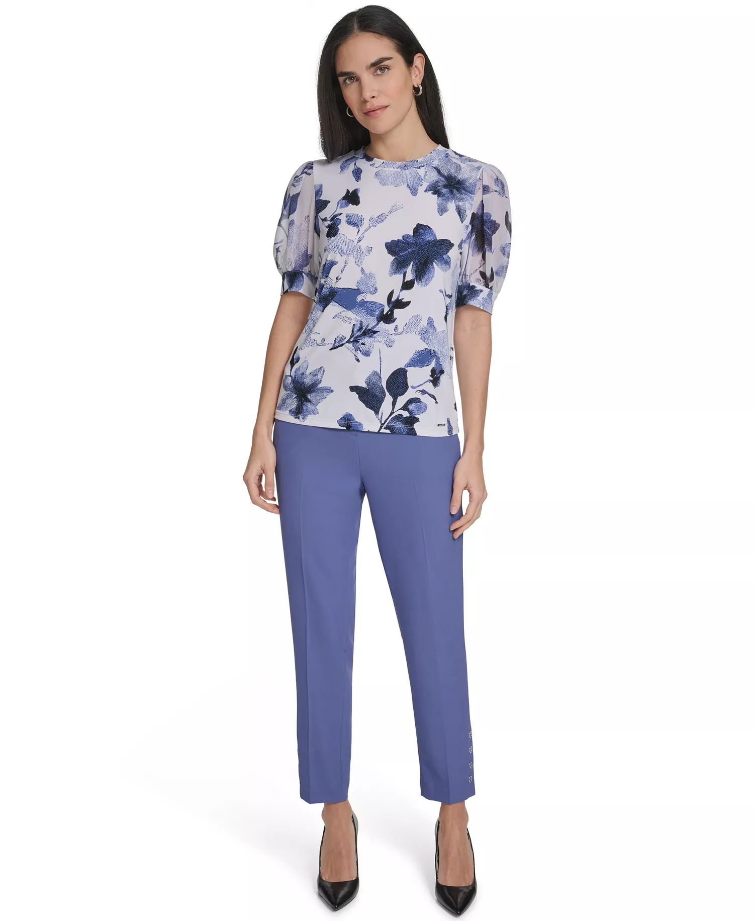 Women's Mixed Media Floral Short-Sleeve Top - Future Dusk Multi - S
