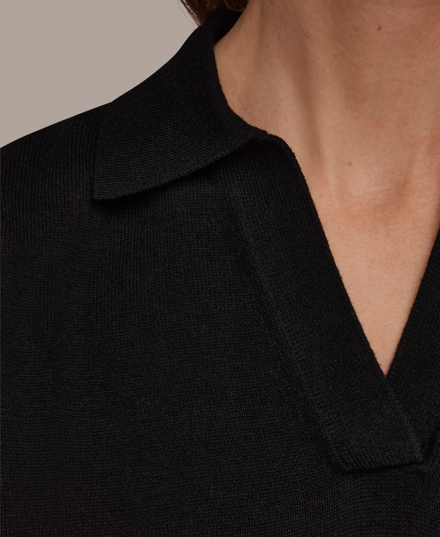 Women's Cotton Cashmere Polo Sweater with Elbow-Sleeve - Black - L