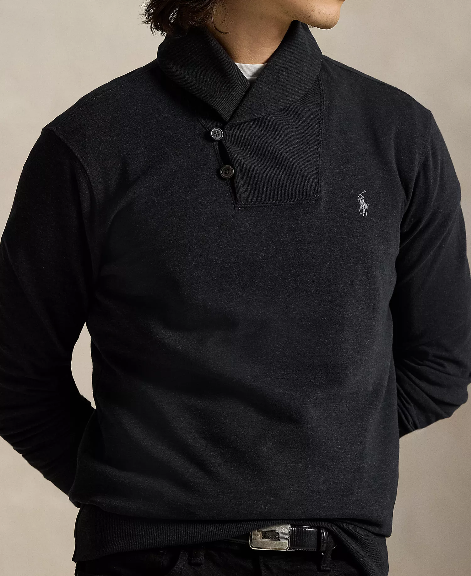 Men's Luxury Jersey Shawl-Collar Pullover - Polo Black Heather/c9979 - XS