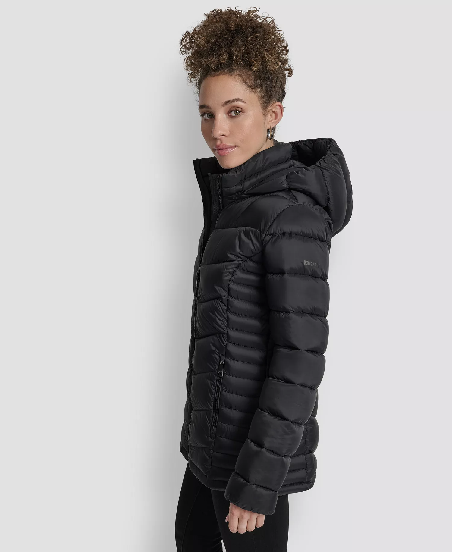 Women's Chevron-Quilted Full-Zip Puffer Jacket - Black - L