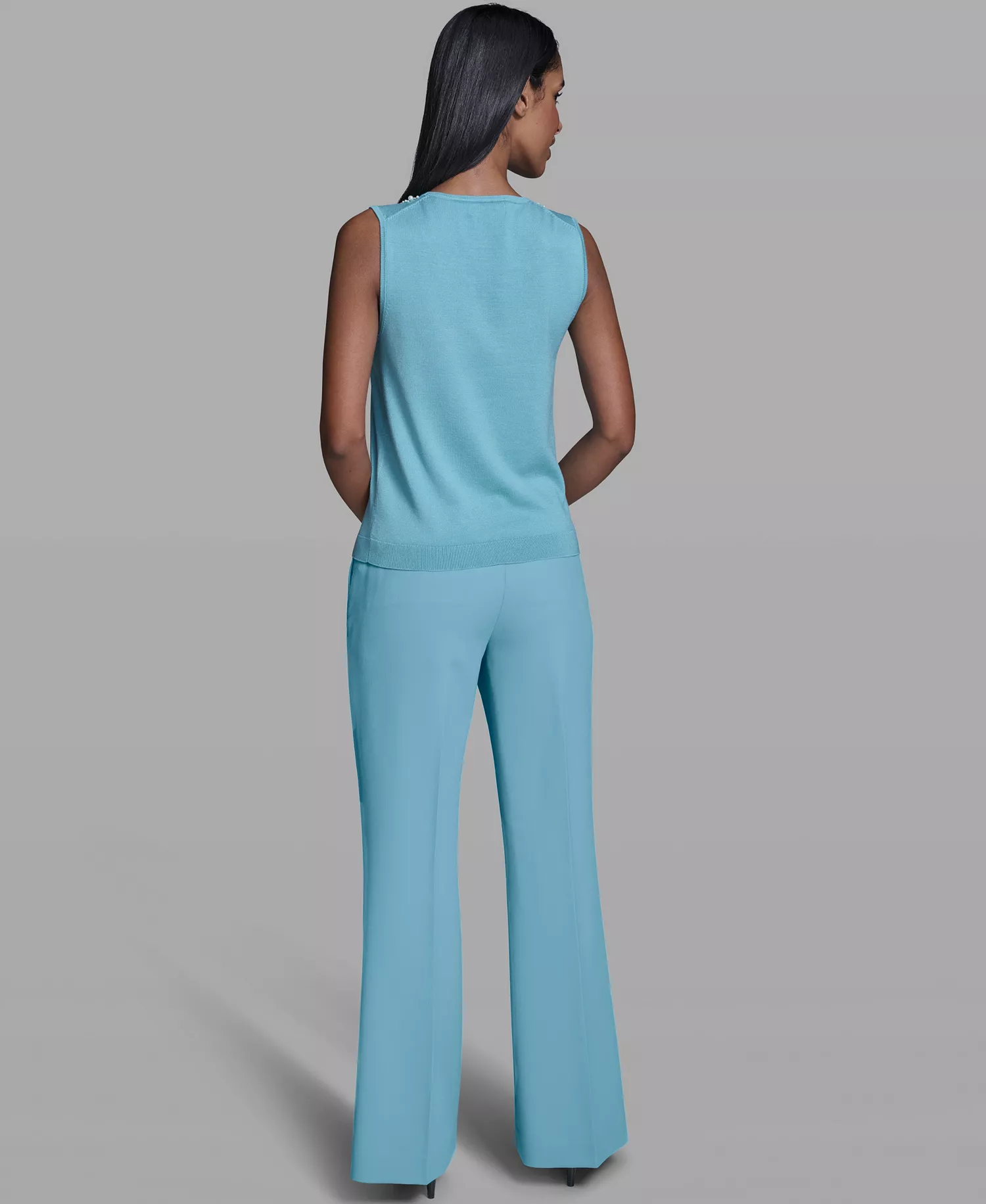 Women's Pearl-Detail Keyhole Sleeveless Sweater - Aqua Mist - L