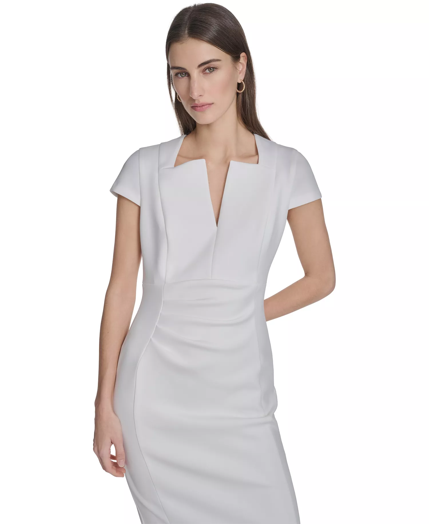 Women's Side Ruched V-Neck Midi Dress - Cream - 10