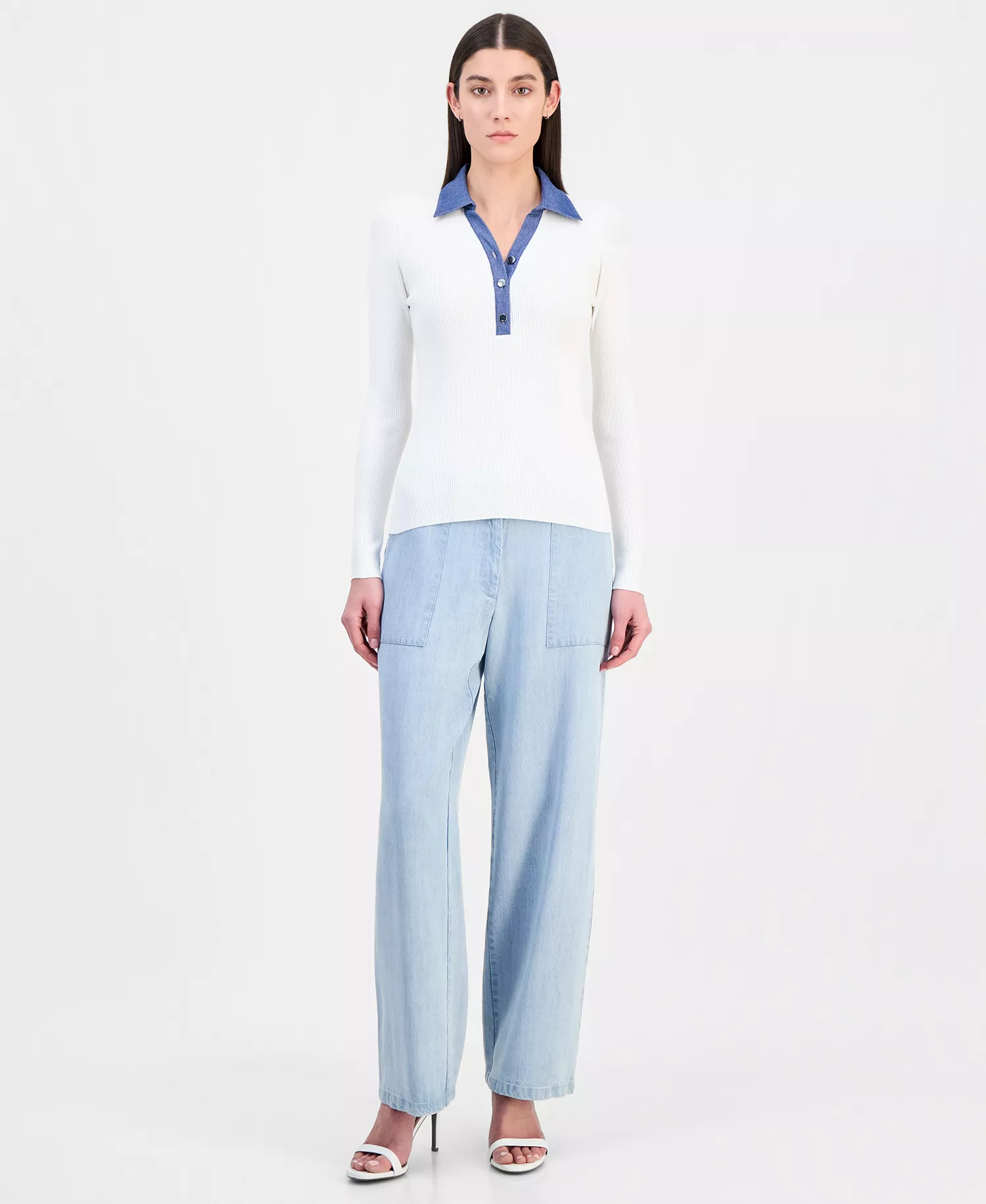 Women's Contrast Collared Ribbed Knit Sweater - White Star - L