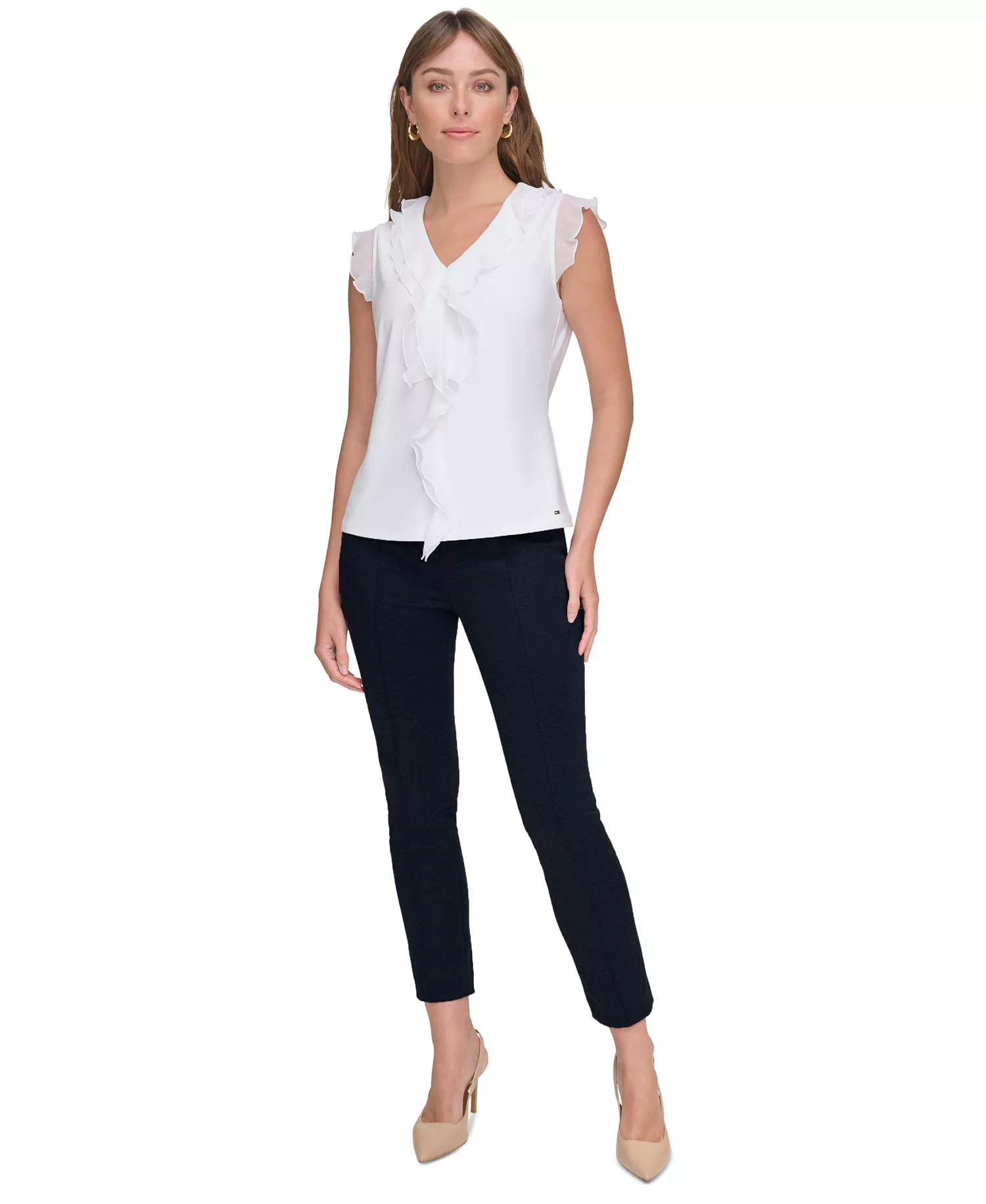 Women's Slim Fit Tonal Stripe Blazer, Slim Fit Tonal Stripe Pants and Ruffled Mixed-Media Top - Ivory - L