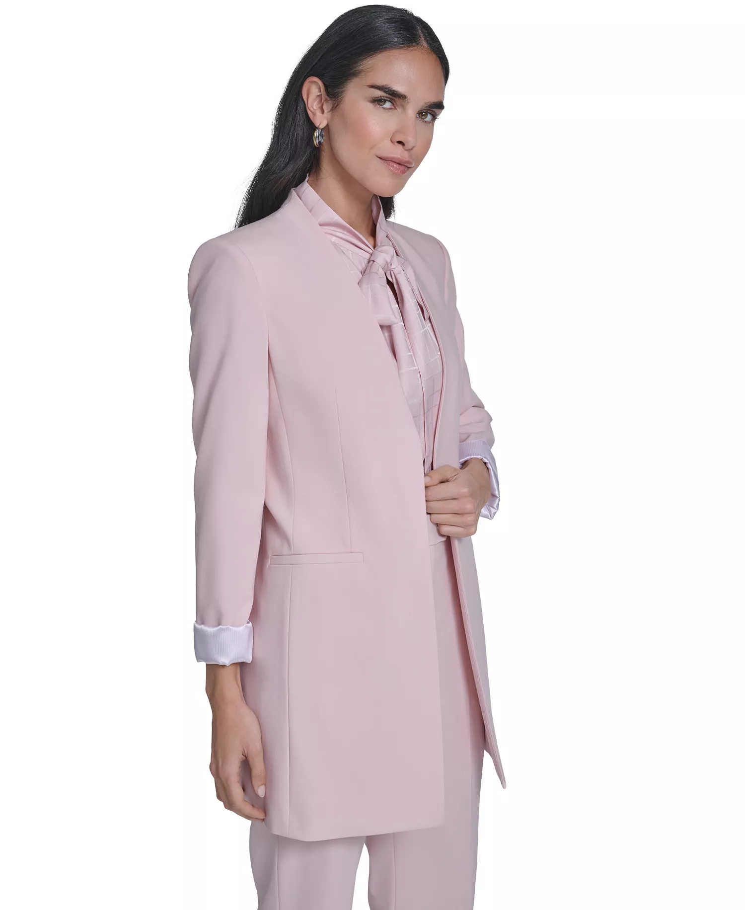 Women's Open-Front Topper Jacket, Sleeveless Tie Neck Blouse, and Modern Fit Straight Pants - Petal - 0