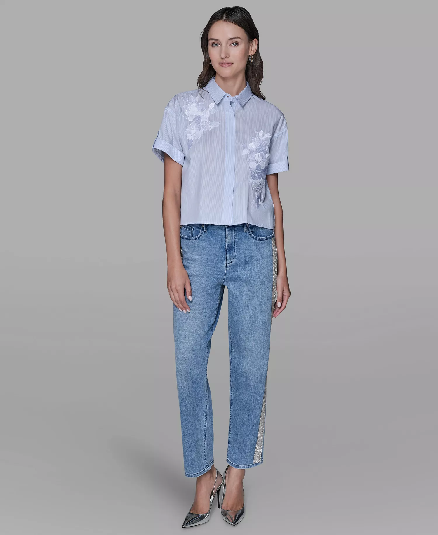 Women's Short-Sleeve Striped Floral Poplin Blouse - Blue Aura/soft White - L