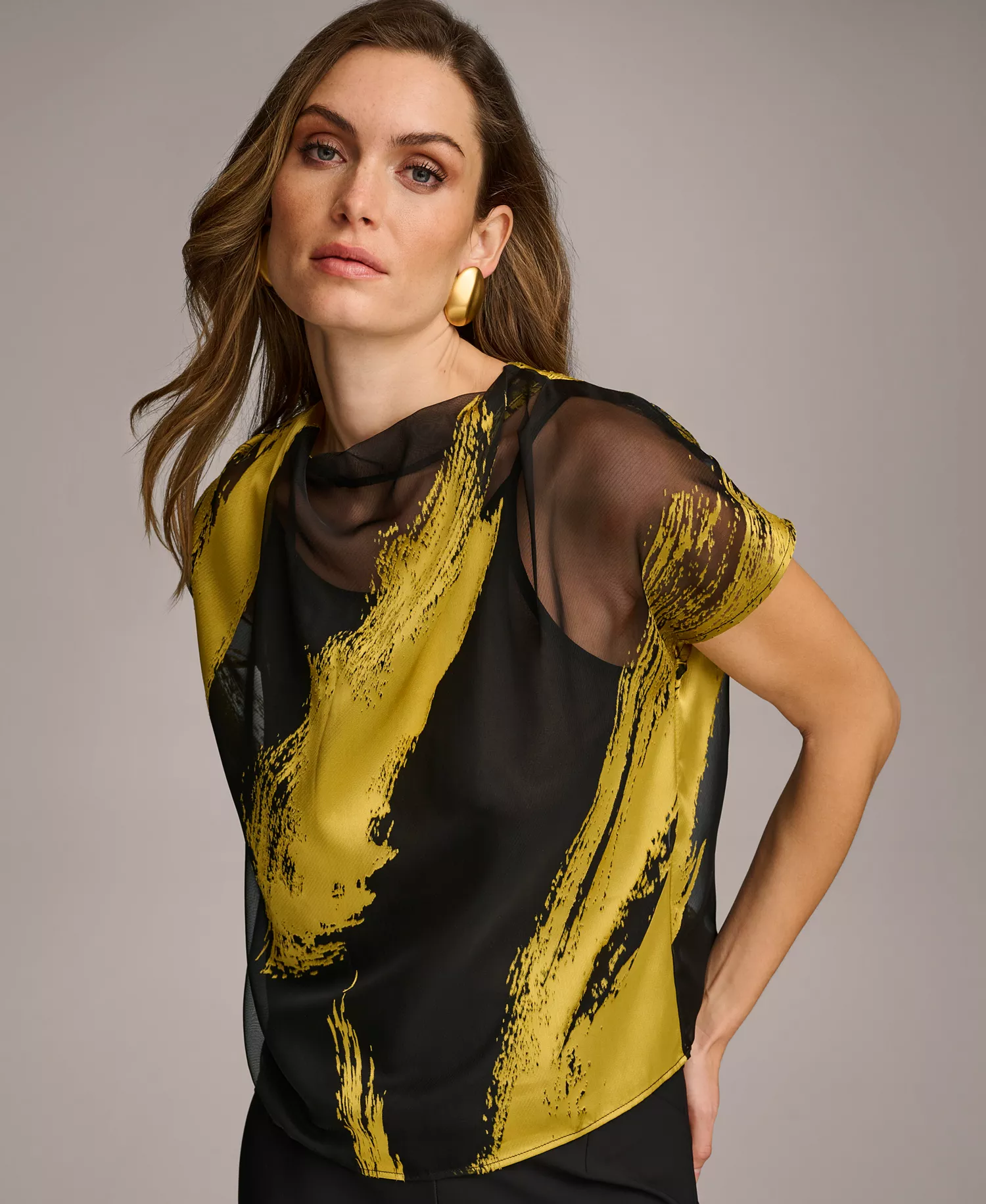 Donna Karan Women's Short Sleeve Metallic Print Blouse - Black/Gold - XS