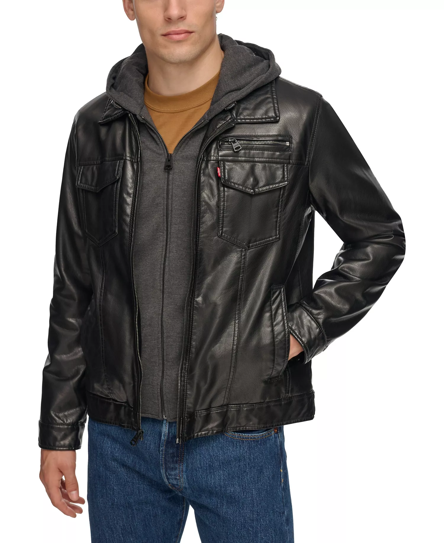 Men's Fleece Hood Faux Leather Jacket - Black - 2XL