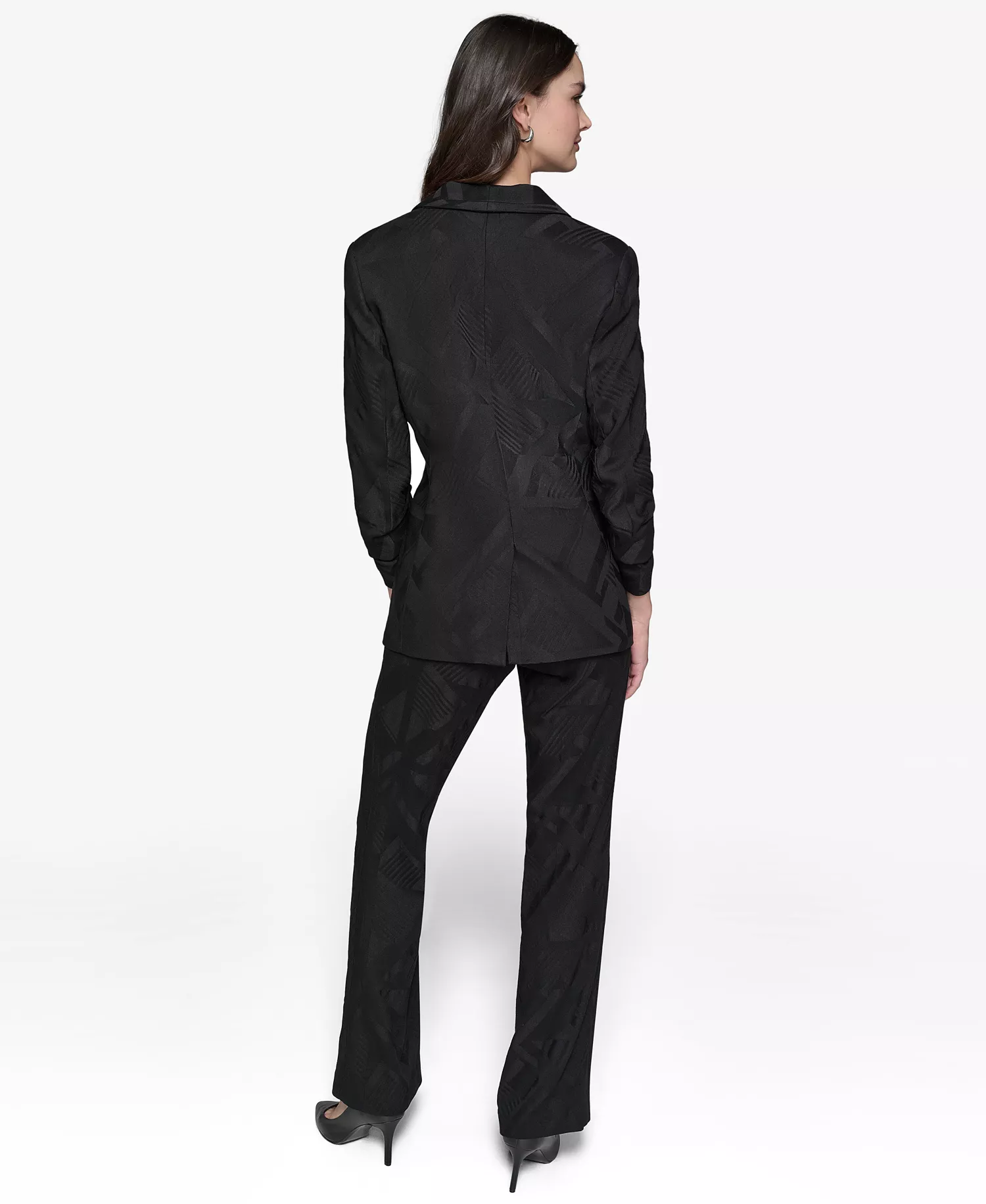 Jacquard Shawl-Collar Blazer, Tie-Neck Blouse & Jacquard Wide-Leg Pants - Black - 10