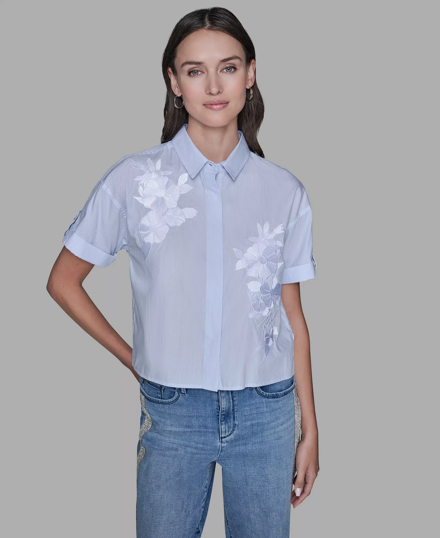 Women's Short-Sleeve Striped Floral Poplin Blouse - Blue Aura/soft White - L