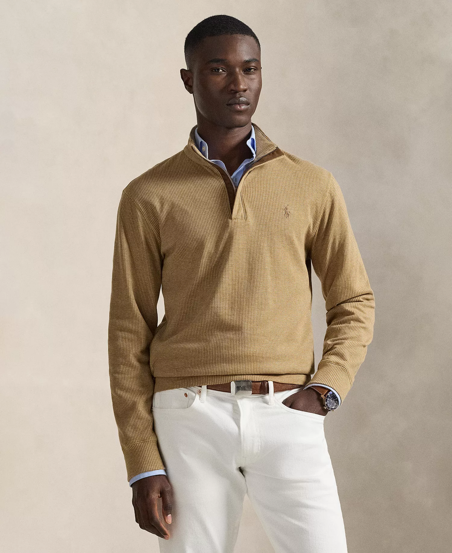 Men's Luxury Jersey Quarter-Zip Pull-On Sweater - Camel/Puppytooth - 2XL
