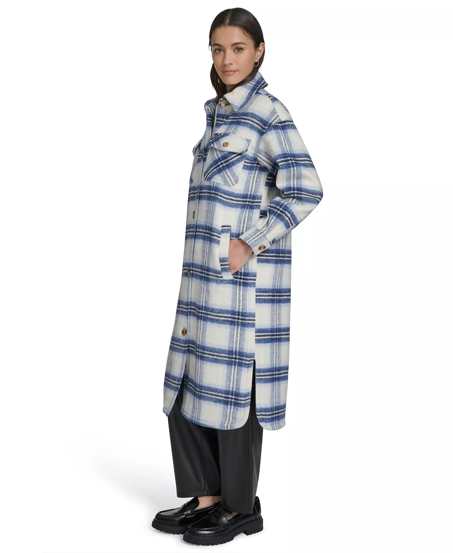 Women's Regular Long Wool Blend Plaid Coat - Blue/Cream - L