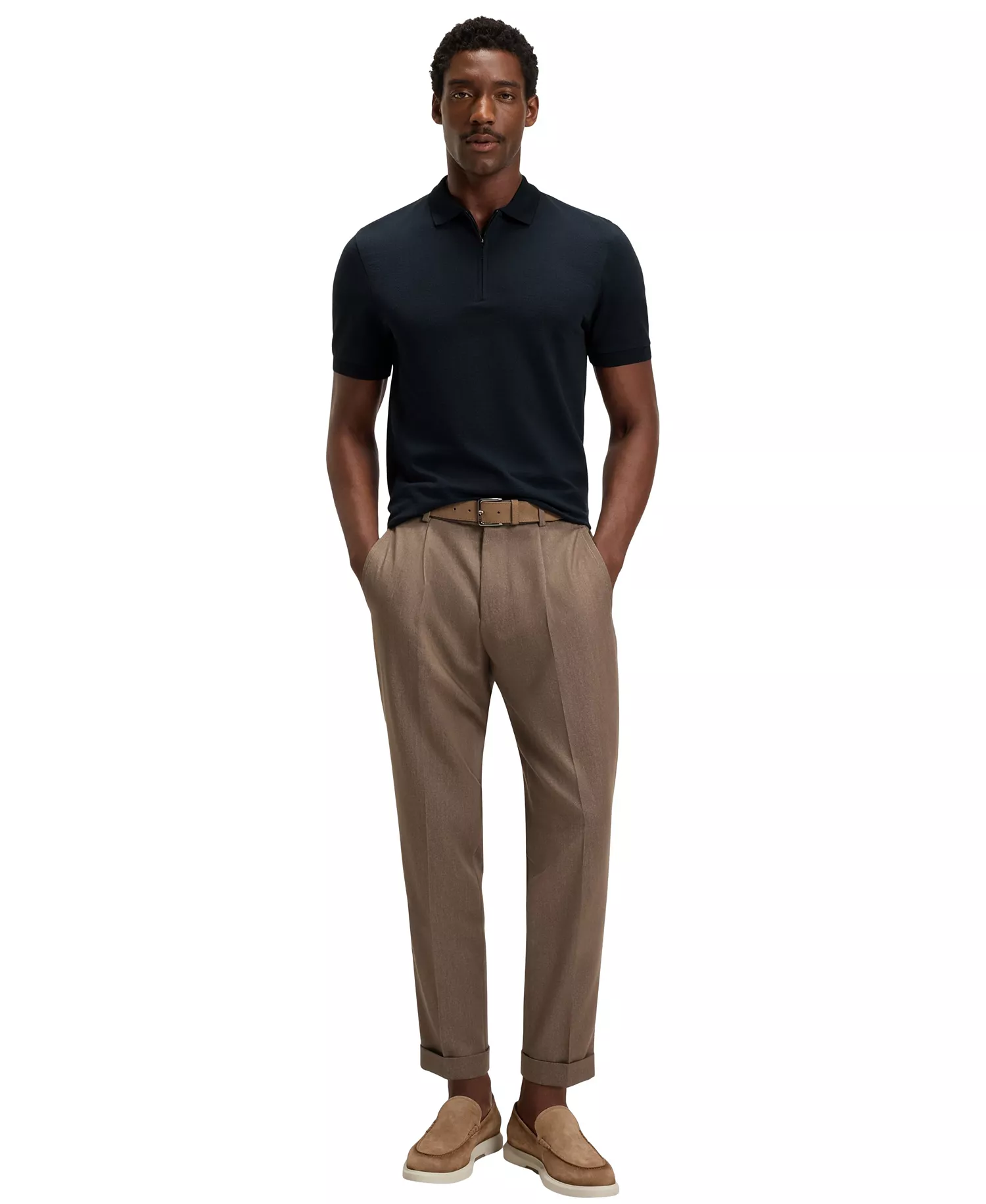 Men's Cotton-Silk Jacquard Zip-Neck Polo Shirt - Dark Blue - M