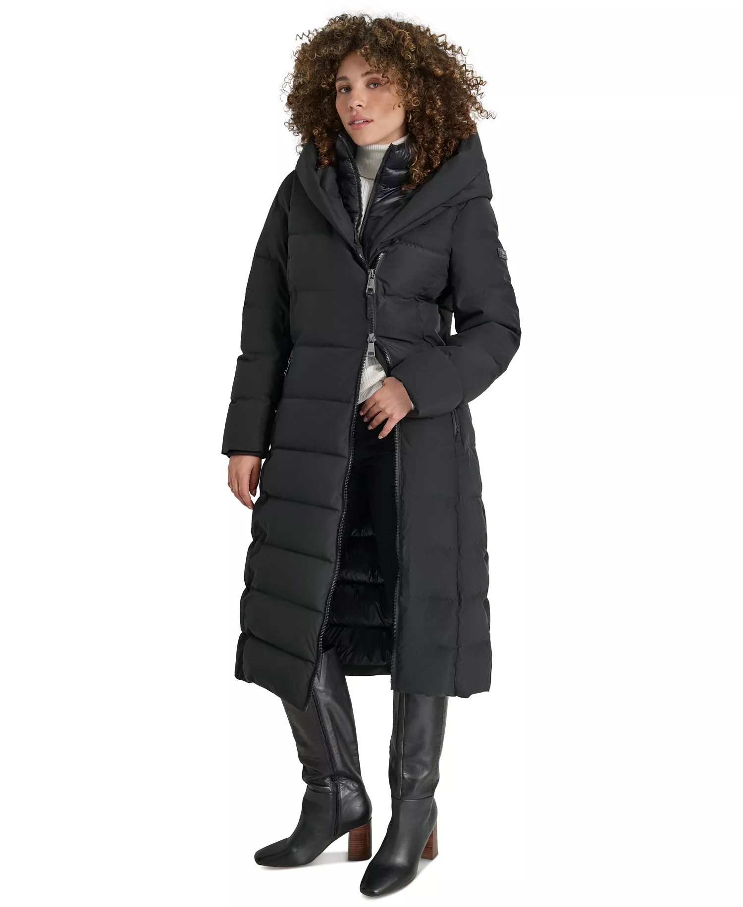 Women's Bibbed Shawl Collar Hooded Puffer Coat - Black - L