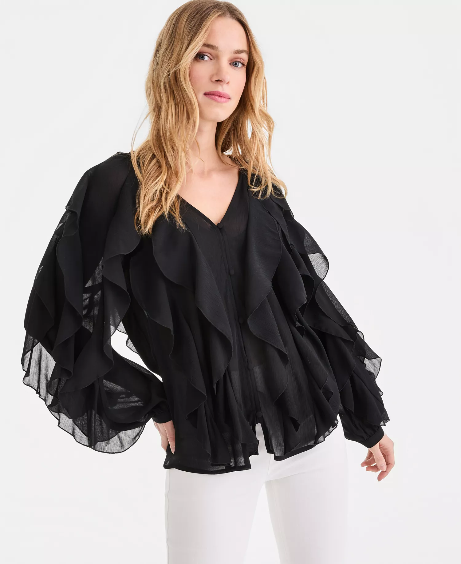 Women's Long-Sleeve Ruffled Blouse, Macy's Exclusive - Deep Black - L