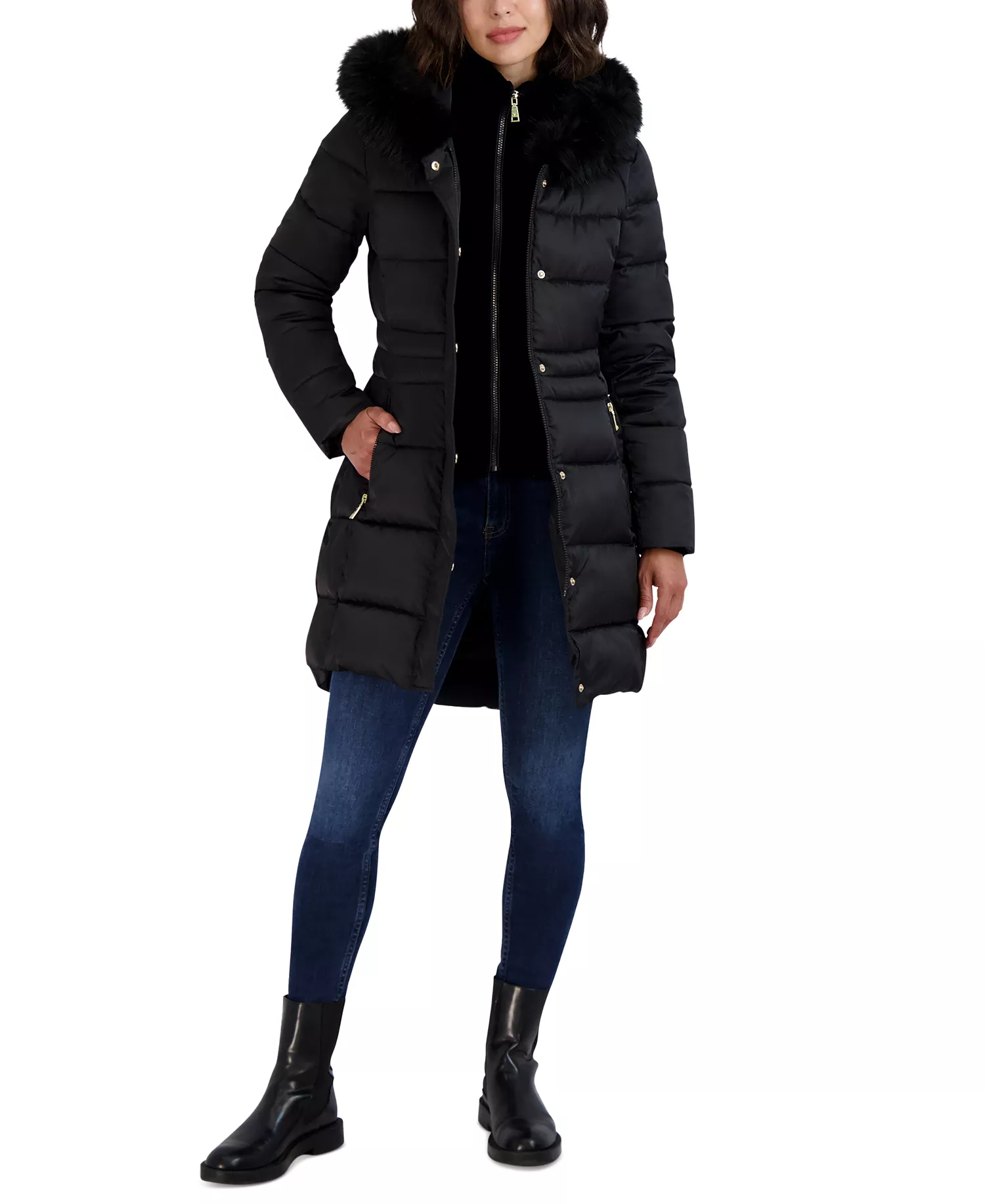 Womens Velvet Bibbed Faux-Fur Hooded Puffer Coat - Black - S