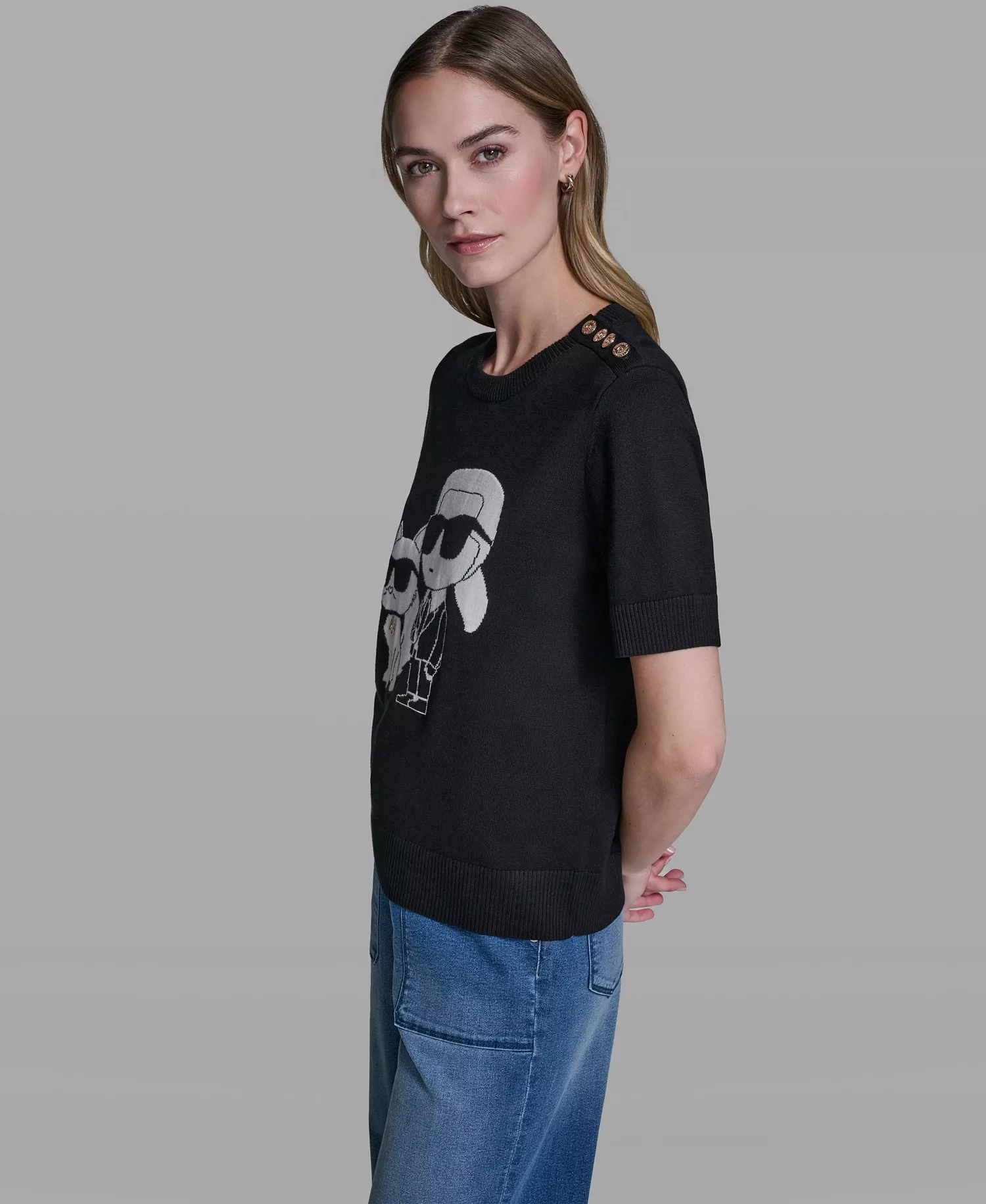 Women's Karl and Choupette Crew Neck Graphic Sweater - Black - L