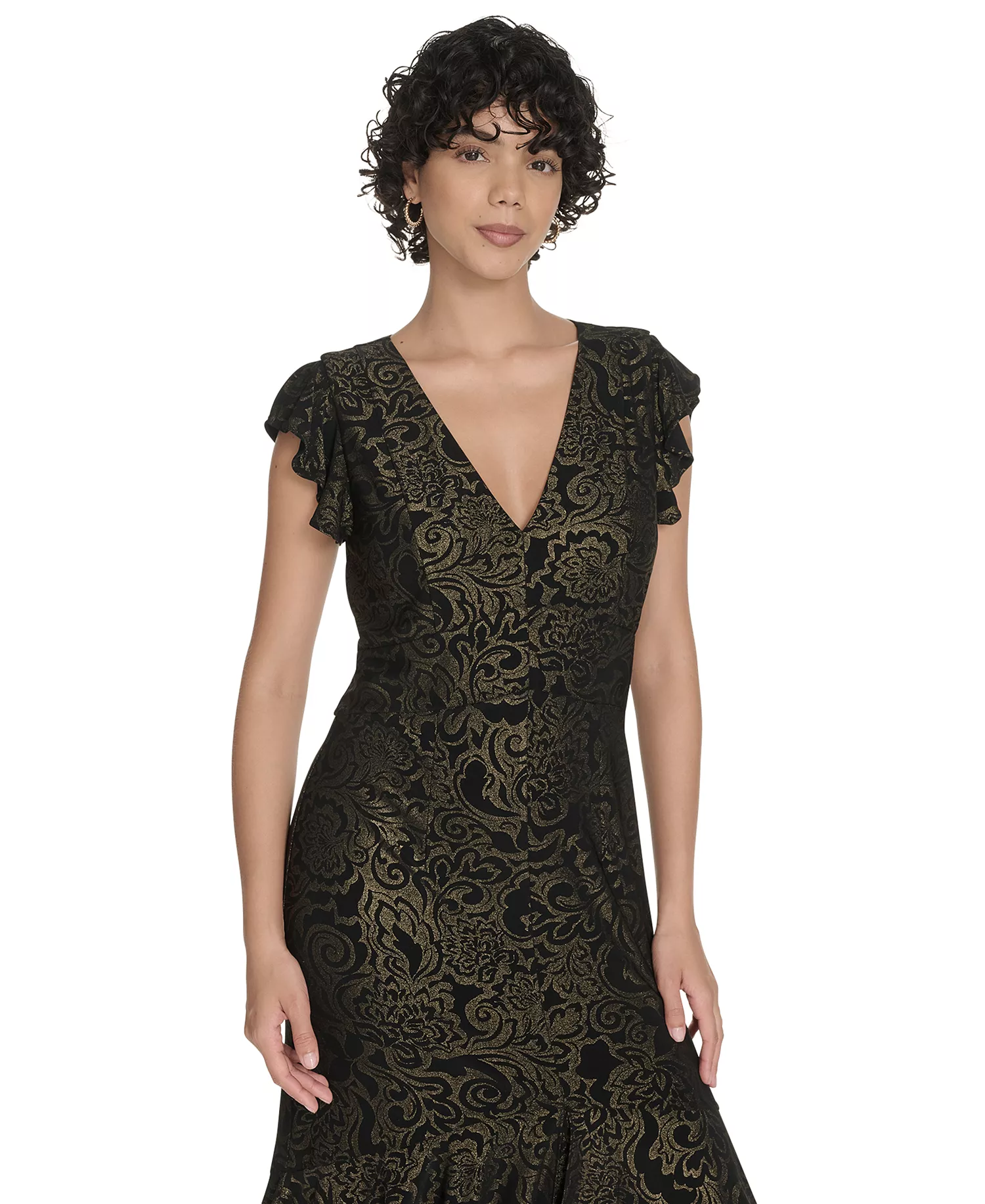 Petite Flutter Sleeve Foil Midi Dress - Black/Gold - 0P