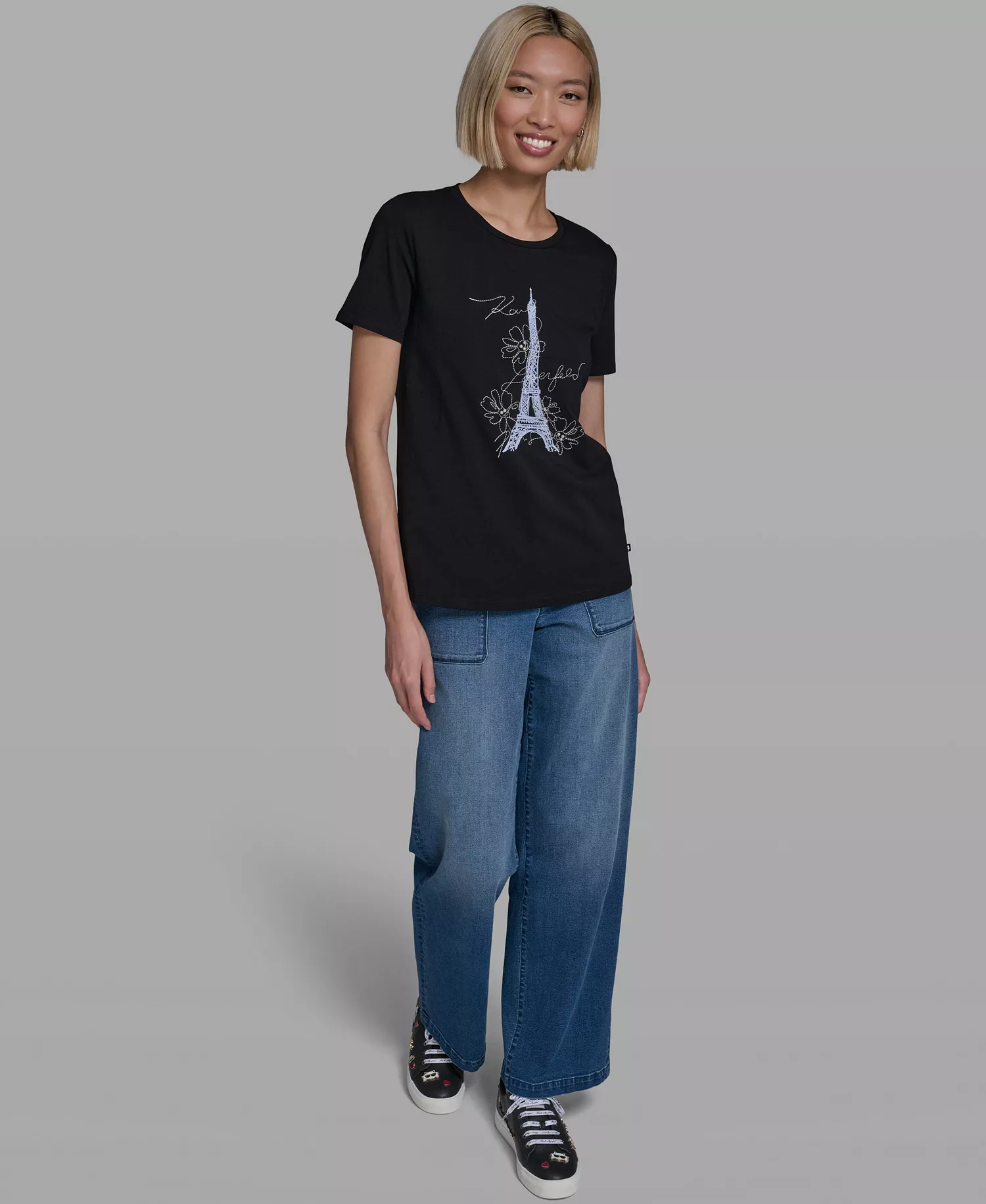 Women's Crew Neck Eiffel Tower T-Shirt - Black - L