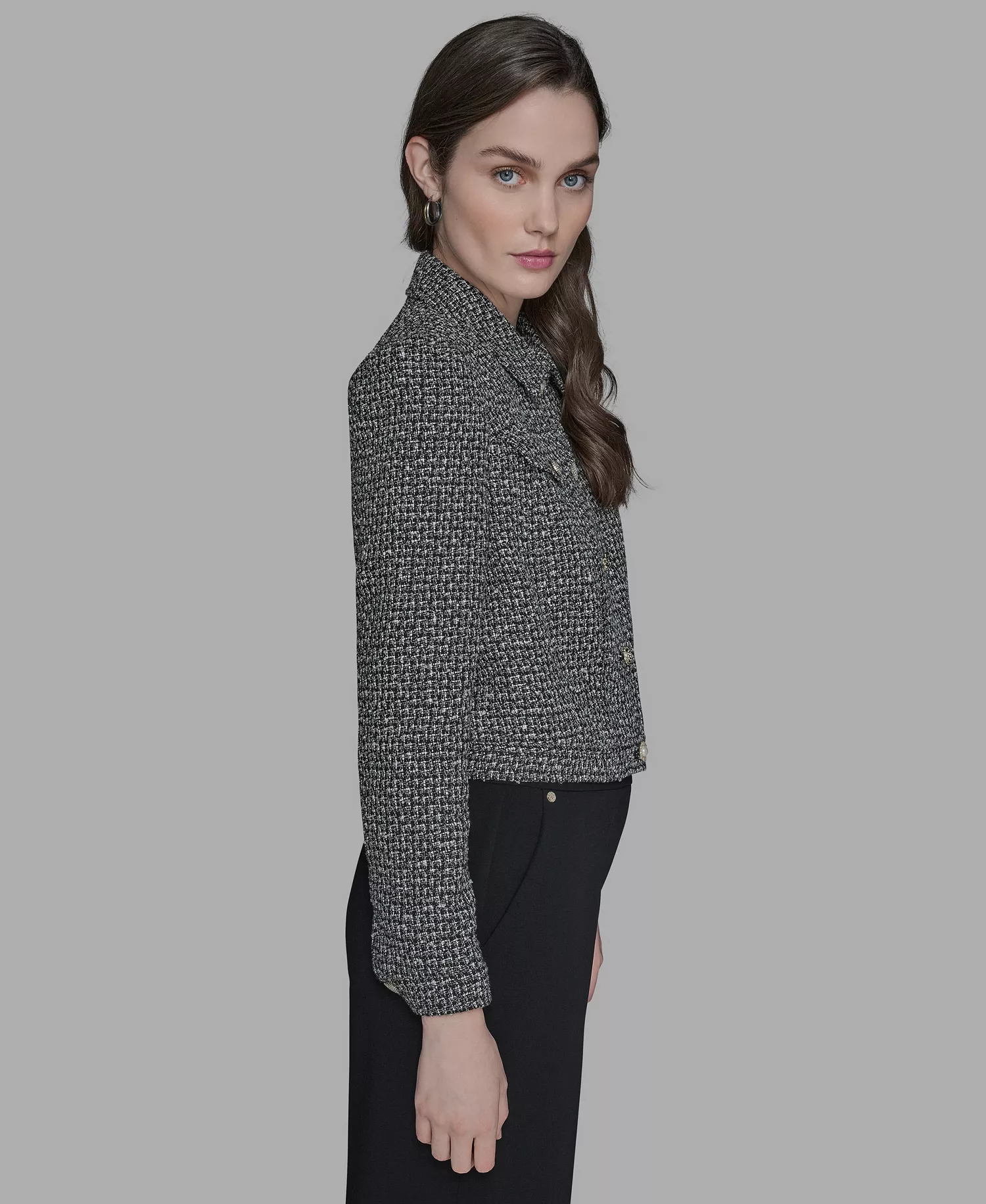 Women's Collared Button Front Tweed Jacket - Black/soft White - 14