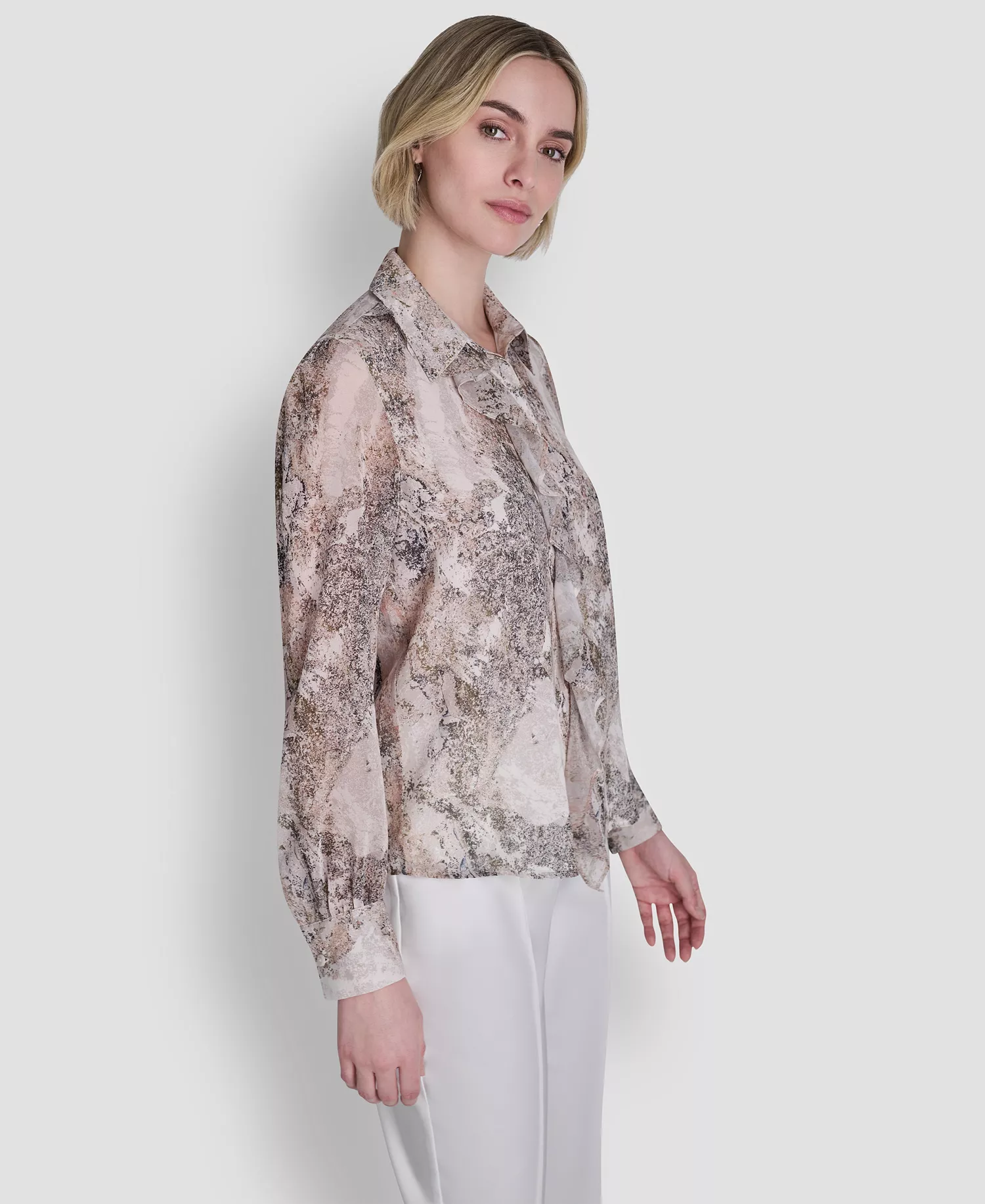 Women's Printed Ruffle Front Long-Sleeve Collared Blouse - Coconut / Travertine Multi - L