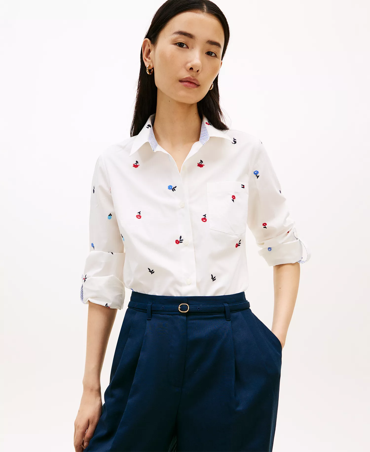 Women's Printed Roll-Tab Collared Shirt - Ecru - L