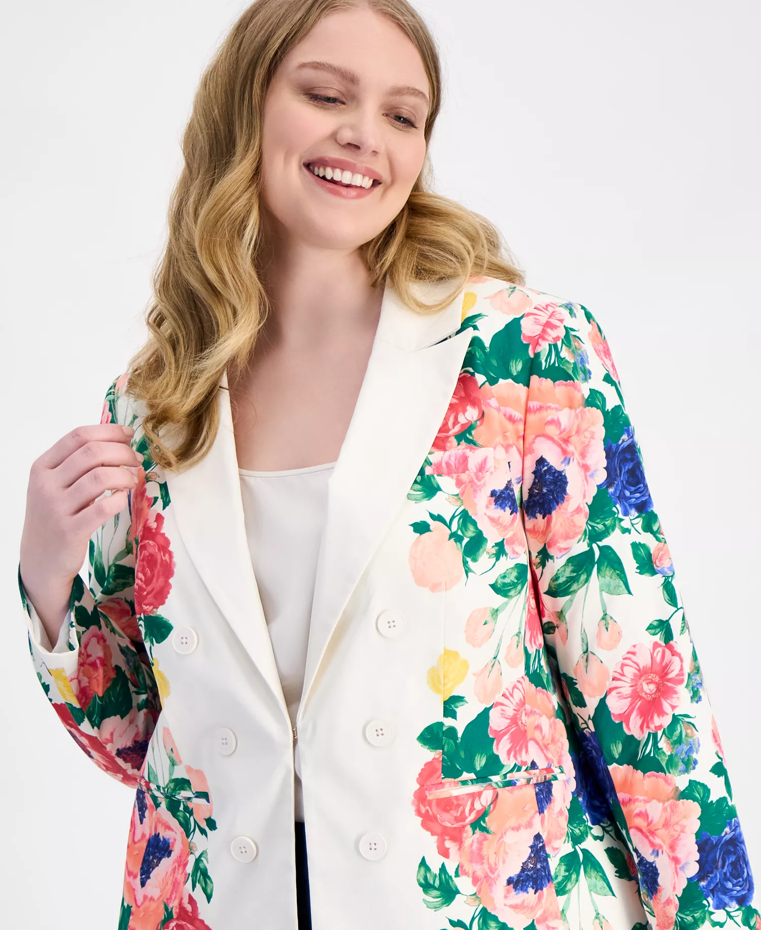 Plus Size Printed Faux Double-Breasted Blazer  - Ivory Multi - 14W